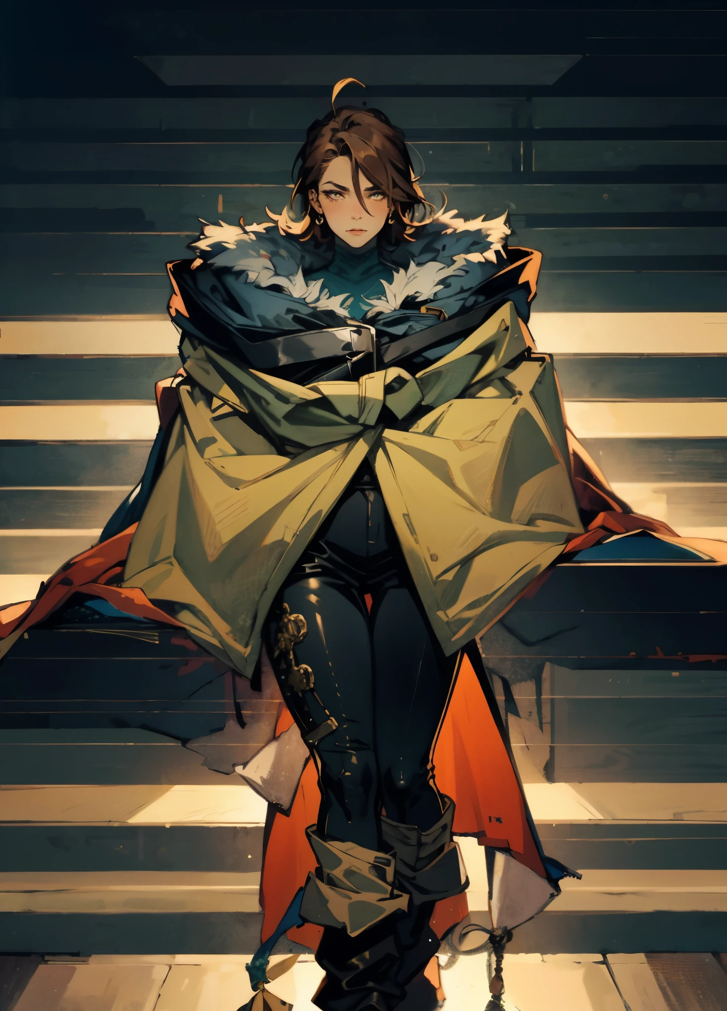 A woman with short reddish-brown hair, a determined gaze, her upper body is enveloped in a heavy cloak with leather accents, the cloak covers the lower half of her face, a tight-fitting long leather trench coat with ethnic-style details at the hem underneath, coarse fabric pants, sturdy knee-high leather boots, the background depicts a fantasy-style western town with swirling yellow sand, this character embodies a finely crafted fantasy western-style female shaman in anime style, exquisite and mature manga art style, high definition, best quality, highres, ultra-detailed, ultra-fine painting, extremely delicate, professional, anatomically correct, symmetrical face, extremely detailed eyes and face, high quality eyes, creativity, RAW photo, UHD, 8k, Natural light, cinematic lighting, masterpiece-anatomy-perfect, masterpiece:1.5
