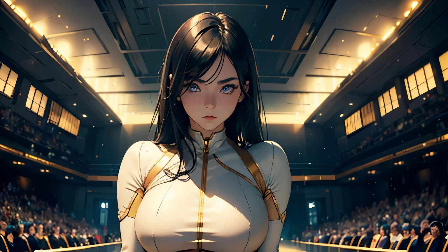 4K, A high resolution, Best quality at best, masterpiece, perfect colors, perfect shadow, perfect litthing, ((sportrait)), 1woman, fit-muscled body, bright yellow eyes, dark blue hair , blue eyes, With round lenses, detail in eyes, The audience watched carefully, (s face: 1.2), Perfect female figure, ((standing)), ((beige and gold color Tight crop top leather suit)), ((shy and looking at viewert)), (Perfect thick white eyebrows) Delicate fur, 详细s face, s the perfect face, At a fantasy industrial city , (model pose standing), energetic background, perfect city skyscape, lighting atmosphere, ((Bonifasko lighting)), (The round lenses on his eyes)(詳細な目), Perfect student, face close up