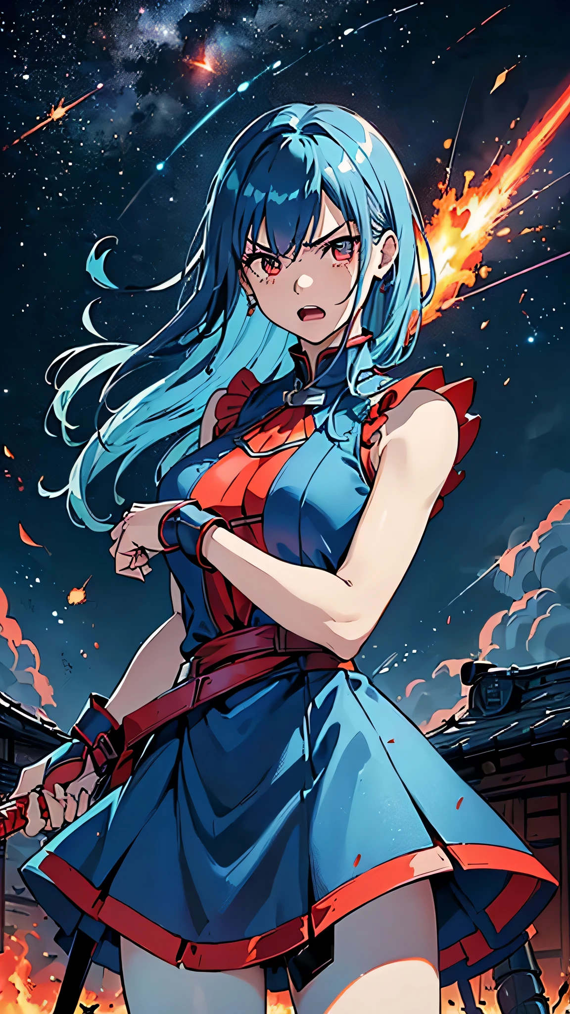 最high quality、best image quality、masterpiece、age girl((18-year-old、 By becoming、vest bust、medium bust,wide open breast tea、black eye, light blue hAria、Red mesh、long hAria、thin,highest valley、Red and blue dress、holding a red sword in his right hand、Glowing red wings,Aria、splatters、slash pose、scream、He holds a red sword in his left hand.、angry face、leaning forward)),high quality、beautiful art、background((outer space、battlefield、Burning Town、fire、inflammation、A large number of missiles rain down))瓦礫がsplatters、Depth of written boundary、movie、visual art、perfect art、8K,genuine