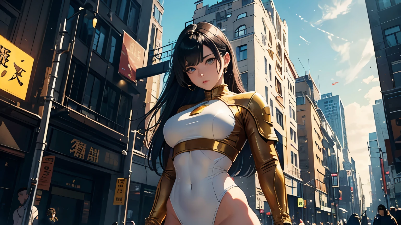 4K, A high resolution, Best quality at best, masterpiece, perfect colors, perfect shadow, perfect litthing, ((sportrait)), 1woman, fit-muscled body, bright yellow eyes, dark blue hair , blue eyes, With round lenses, detail in eyes, The audience watched carefully, (s face: 1.2), Perfect female figure, ((standing)), ((beige and gold color Tight crop top leather suit)), ((shy and looking at viewert)), (Perfect thick white eyebrows) Delicate fur, 详细s face, s the perfect face, At a fantasy industrial city , (model pose standing), energetic background, perfect city skyscape, lighting atmosphere, ((Bonifasko lighting)), (The round lenses on his eyes)(詳細な目), Perfect student, face close up