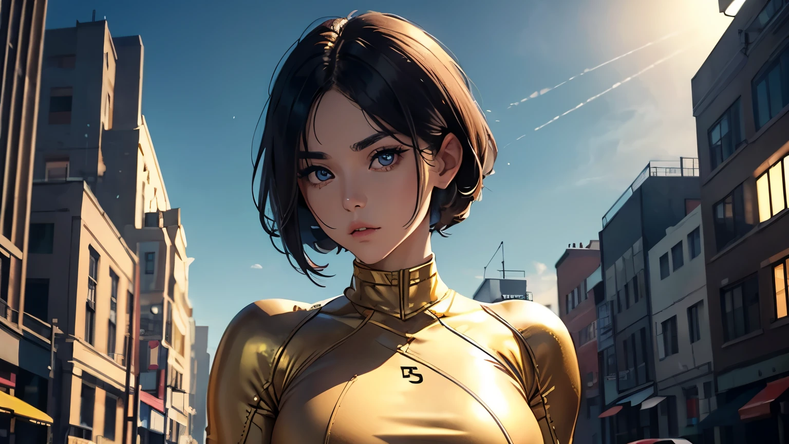 4K, A high resolution, Best quality at best, masterpiece, perfect colors, perfect shadow, perfect litthing, ((sportrait)), 1woman, fit-muscled body, bright yellow eyes, dark blue hair , blue eyes, With round lenses, detail in eyes, The audience watched carefully, (s face: 1.2), Perfect female figure, ((standing)), ((beige and gold color Tight crop top leather suit)), ((shy and looking at viewert)), (Perfect thick white eyebrows) Delicate fur, 详细s face, s the perfect face, At a fantasy industrial city , (model pose standing), energetic background, perfect city skyscape, lighting atmosphere, ((Bonifasko lighting)), (The round lenses on his eyes)(詳細な目), Perfect student, face close up