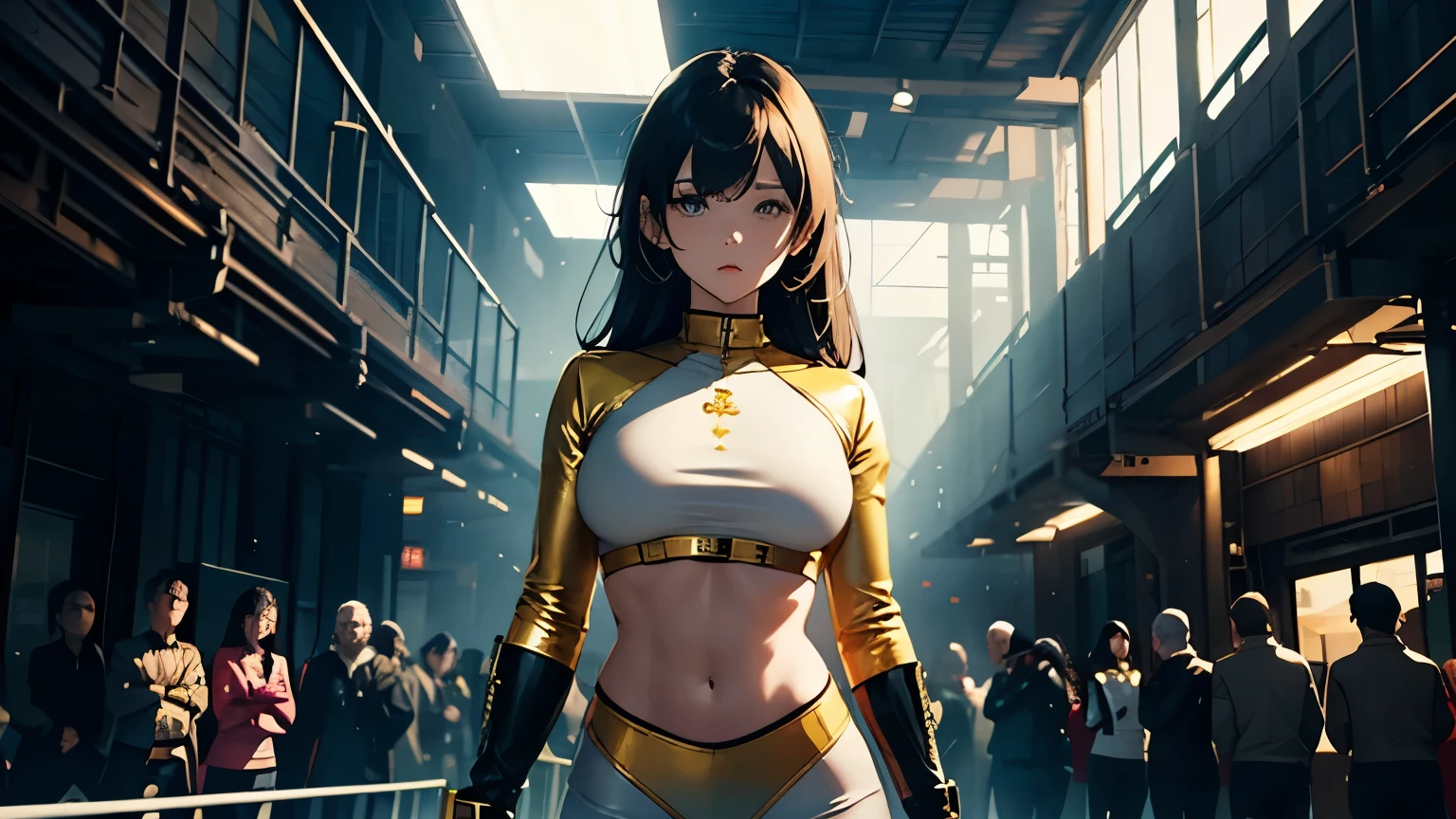 4K, A high resolution, Best quality at best, masterpiece, perfect colors, perfect shadow, perfect litthing, ((sportrait)), 1woman, fit-muscled body, bright yellow eyes, dark blue hair , blue eyes, With round lenses, detail in eyes, The audience watched carefully, (s face: 1.2), Perfect female figure, ((standing)), ((beige and gold color Tight crop top leather suit)), ((shy and looking at viewert)), (Perfect thick white eyebrows) Delicate fur, 详细s face, s the perfect face, At a fantasy industrial city , (model pose standing), energetic background, perfect city skyscape, lighting atmosphere, ((Bonifasko lighting)), (The round lenses on his eyes)(詳細な目), Perfect student, face close up
