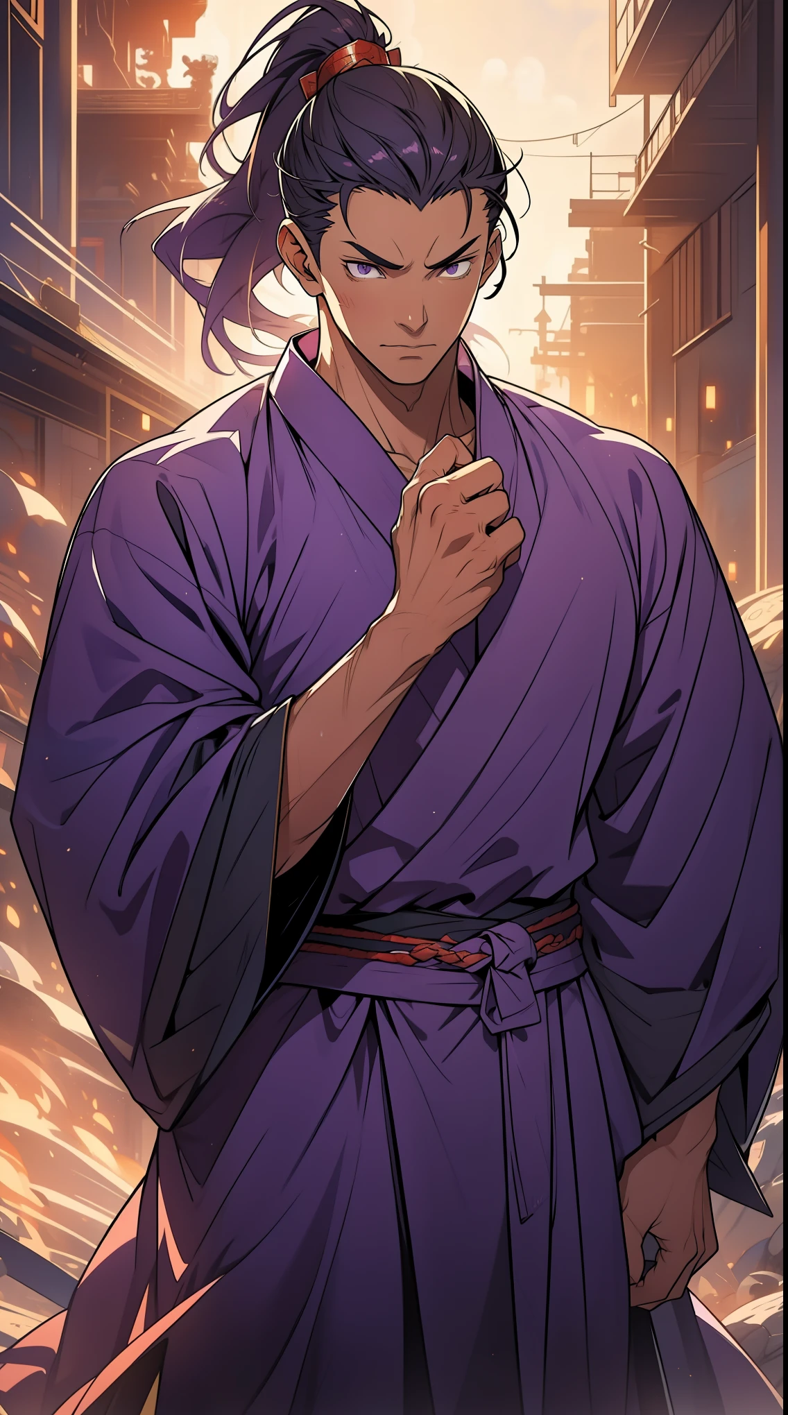 Two dimensions，anime style，one person（male warrior），proportions are correct，facial details，swordsman，high ponytail hairstyle，neck detail，Have an Adam&#39;s apple，Purple robe，joke，purple robes，clothing details，Handing over，long sleeves，Game quality，fencing，Ray tracing，Ray tracing，Detailed glow，CG rendering，hair details，long purple hair，purple eyes，Handsome，Handsome，（Youthful feeling），Clothing is complicated，Perfect composition，refine，high quality，higher details，many details，Complex background，a sense of atmosphere，