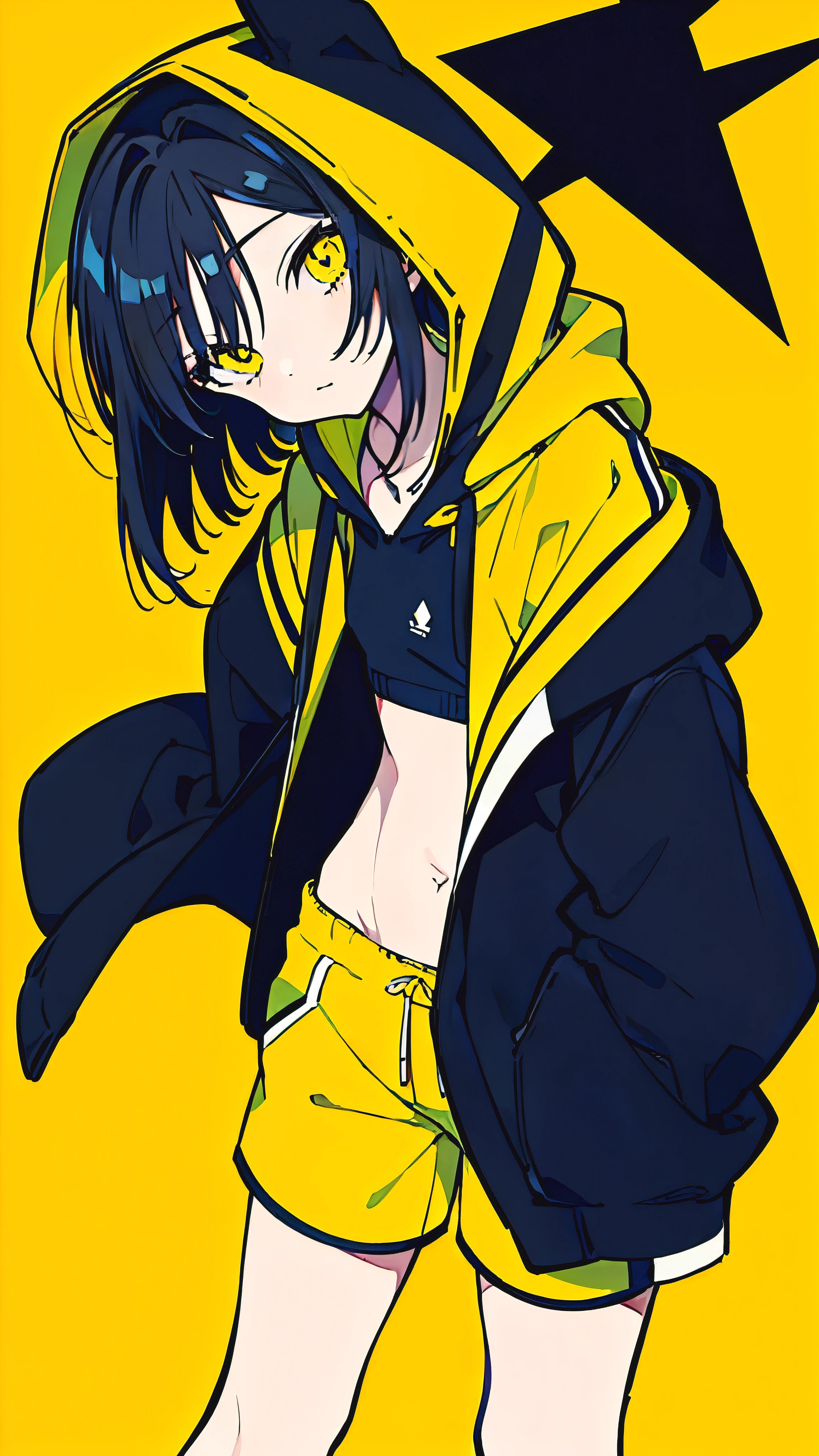 (masterpiece, highest quality:1.6), alone, thick outline, (simple background, Dark yellow background, monochrome, dark yellow theme:1.2), official art, Key Visual, 8K, confused, whole body, (Unique hair, oversized hoodie, hot pants, arch back, short torso:1.2), belly button, thighs, cowboy shot, HDR, sharp focus, High resolution, most detailed, very detailed, Super detailed, finely, detailed eyes and face, sharp pupils, realistic student, alone