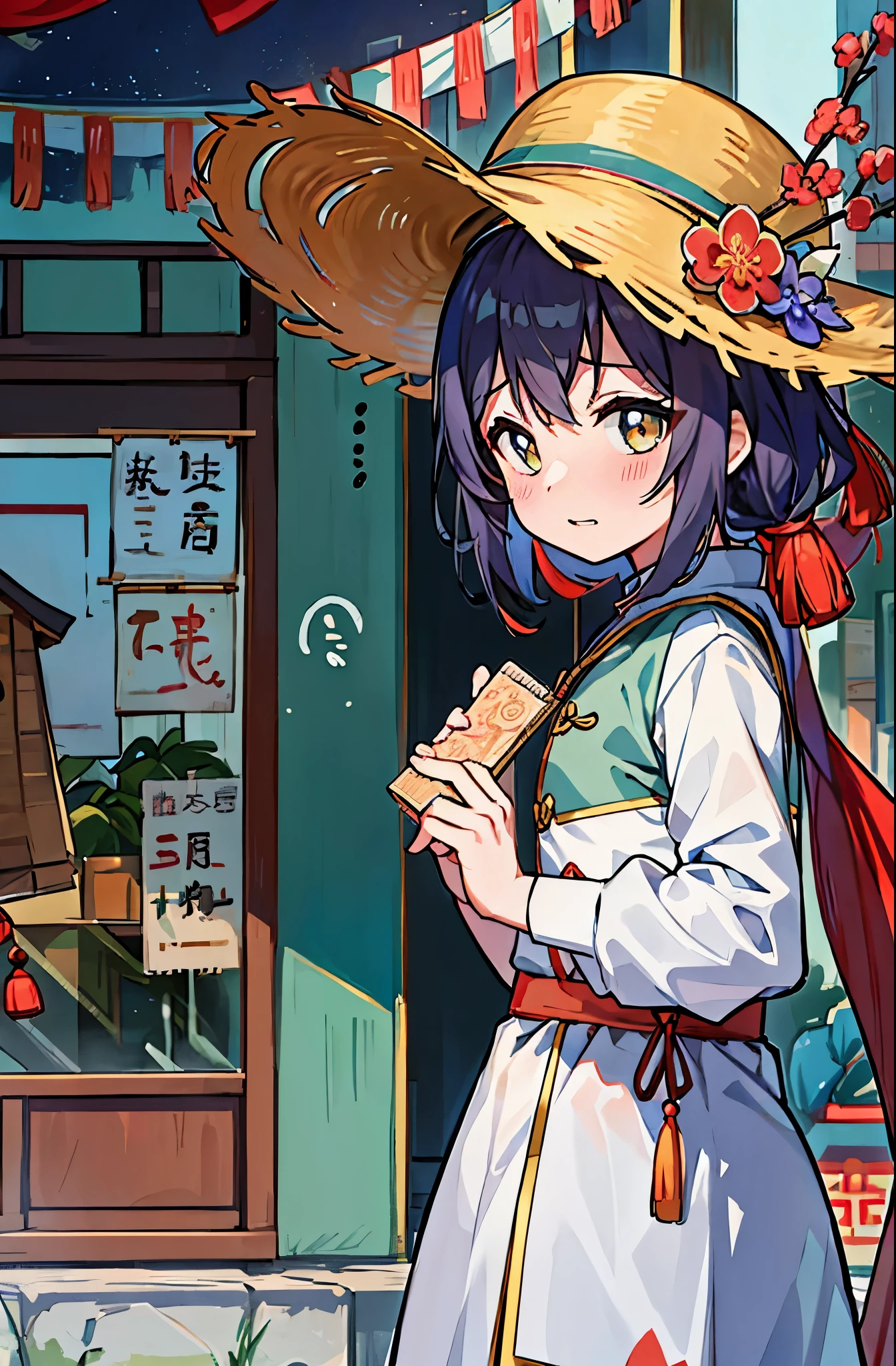 动漫女孩拿着草帽拿着饮料和草帽, 受竹久梦二启发的动画, pixiv, 民艺, 一个可爱女孩的动漫视觉, 动漫萌系艺术风格, 动漫女孩喝能量饮料, 动漫风格, 动漫风格, 可爱的动漫风格, 带着草帽, 可爱的艺术风格,clothes are related to Chinese New Year, festive clothes, Nice looking clothes, New Year clothes worn by anime characters, Just change clothes and put background, Character appearance cannot be changed, Background related to New Year, No graphic marks, Background related to New Year, Full of New Year atmosphere, The character&#39;s face cannot be changed, The head part of the character cannot be changed, Confirm the number of fingers, And confirm whether the hand position is correct, Repaint hand details, Redraw your hands better