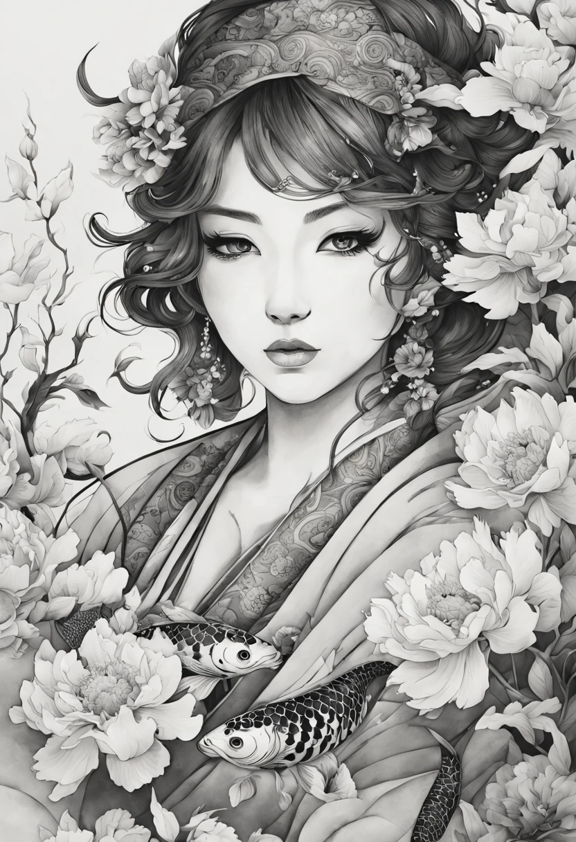 (best quality,highres,ultra-detailed),black and white ink paint strokes,Japanese tattoo,1girl (detailed eyes, detailed lips),traditional Japanese art style,delicate floral motifs,geometric patterns,subtle shading and gradients,high contrast,smooth ink flow,flowing lines and curves,cultural symbolism,nature-inspired elements,detailed koi fish,lush cherry blossoms,graceful peonies,exquisite lotus flowers,serene and captivating expression,elegance and beauty,harmonious composition,contrasting light and shadow,aesthetic balance,and captivating aura.