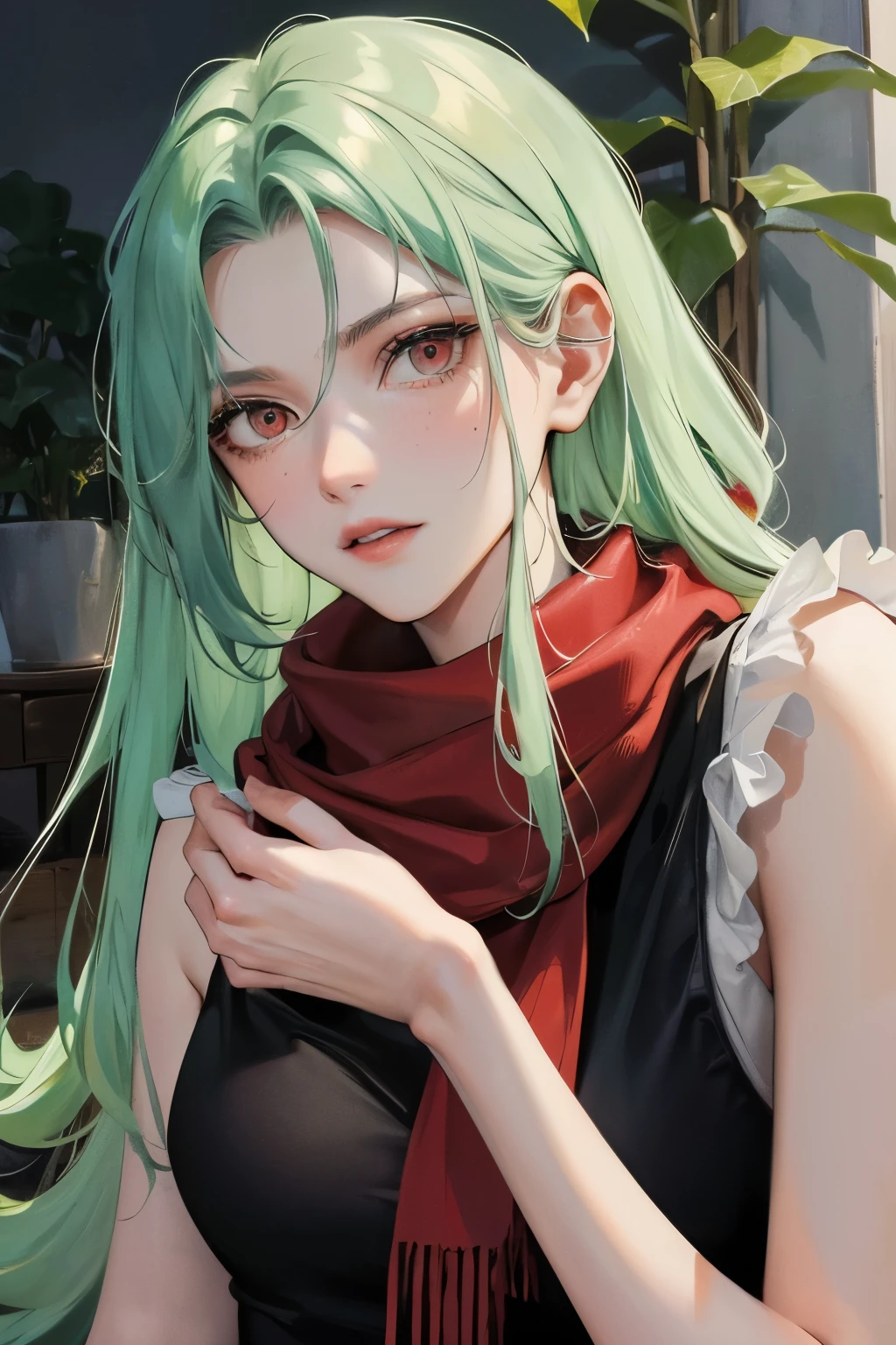 (highest resolution, distinct_image) Best quality, a man's masterpiece, highly detailed, semi realistic, mint green hair, long hair, 18 years old, mature, young, tall and strong, black comfy dress, tree, cold, serious, tall and handsome, authoritative, powerful, exquisite facial features, exquisite facial features, red eyes, puffy short sleeves, red scarf