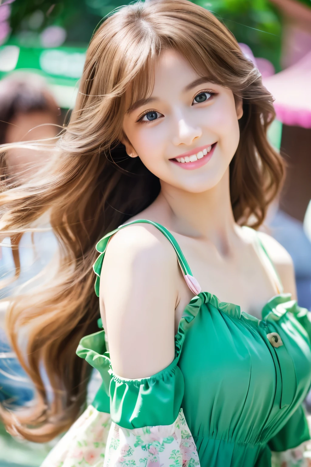 _model shooting style,wavy long hair, brown hair, A girl smiling and doing double pieces, emerald eyes, pink lips, Pastel green dress,(Focus on Banchang: 0.8), Zoom lens shots, by Studio Ghibli, (((masterpiece))), (((highest quality))), (Highly detailed CG Unity 8K wallpaper)