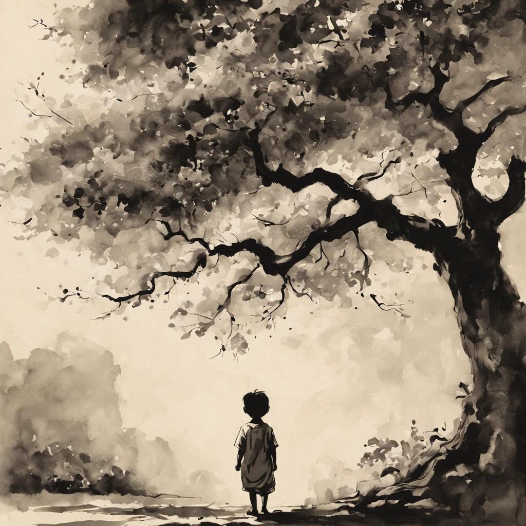 child under tree，Ink painting，Ink style