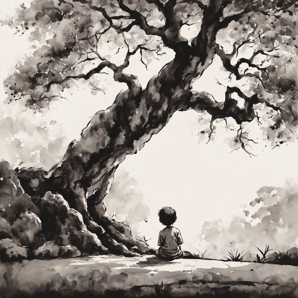 child under tree，Ink painting，Ink style