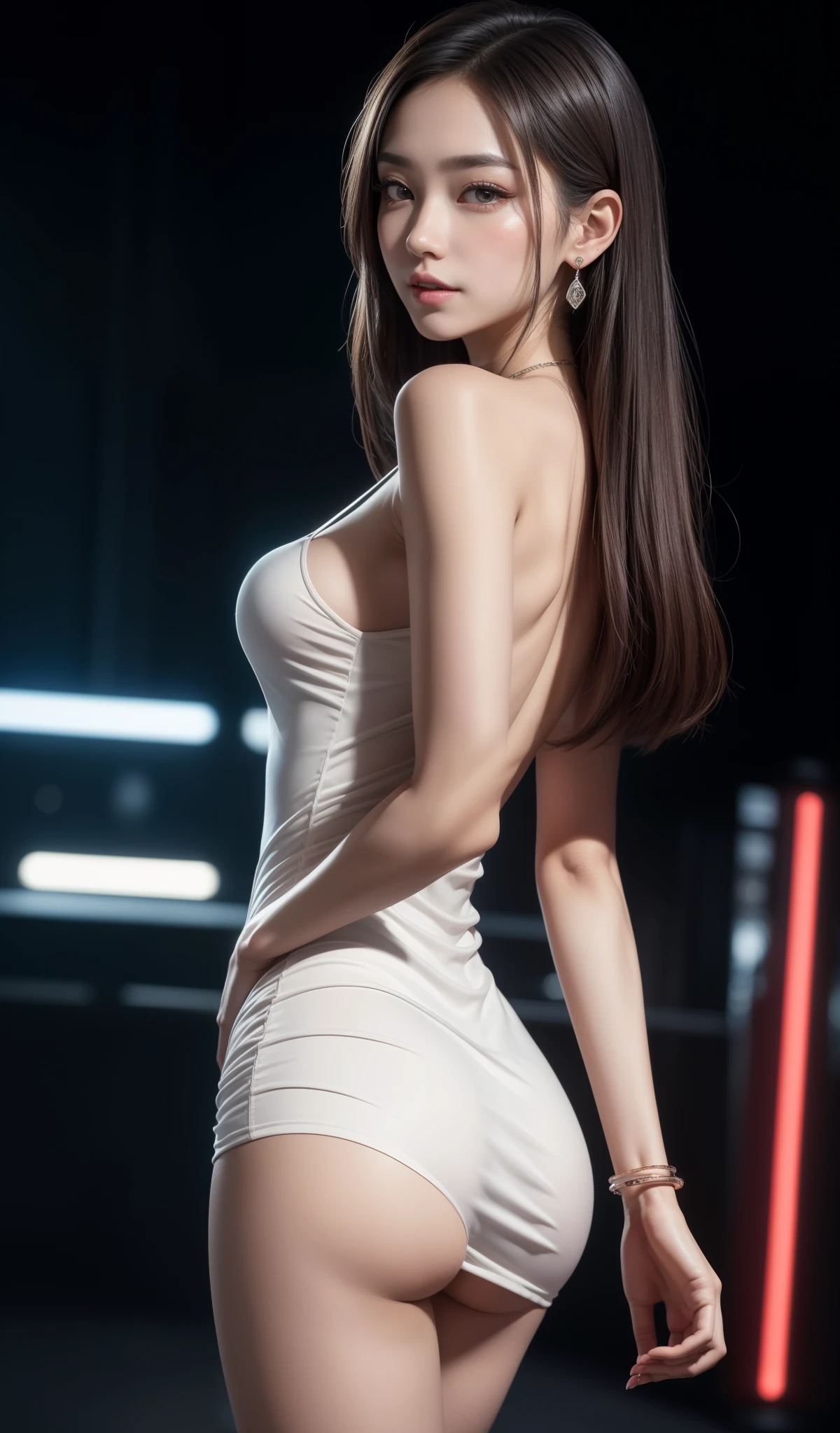 8K, Masterpiece, RAW photo, Best quality, detail:1.2),Photorealistic, Extremely detailed CG unified 8K wallpapers, Depth of field, Cinematic light, Lens flare, Ray tracing, (Extremely beautiful face, Beautiful lips, Beautiful eyes), intricate detail face, ((ultra detailed skin)) 1girll, In the dark, deepshadow, Pretty Korean girl, Kpop idol,(Very slim and slender muscular body:1.3), ((view the viewer)),(Big smile), (bodycon minidress),(Pink dress), (Panties exposed), (Injection sleeve) , (City Night, (neon lights sign), (Night), Pretty Korean girl, Earrings, bangle, necklace, Pantyhose, Clear eyes, Walking , (Pale skin), Face forward, (Big eyes), ((upperbody shots)), bodycon minidress, Silk mini dress ,Panties exposed， Turn Back, Back shot, Very slim, slander, nude, nipple