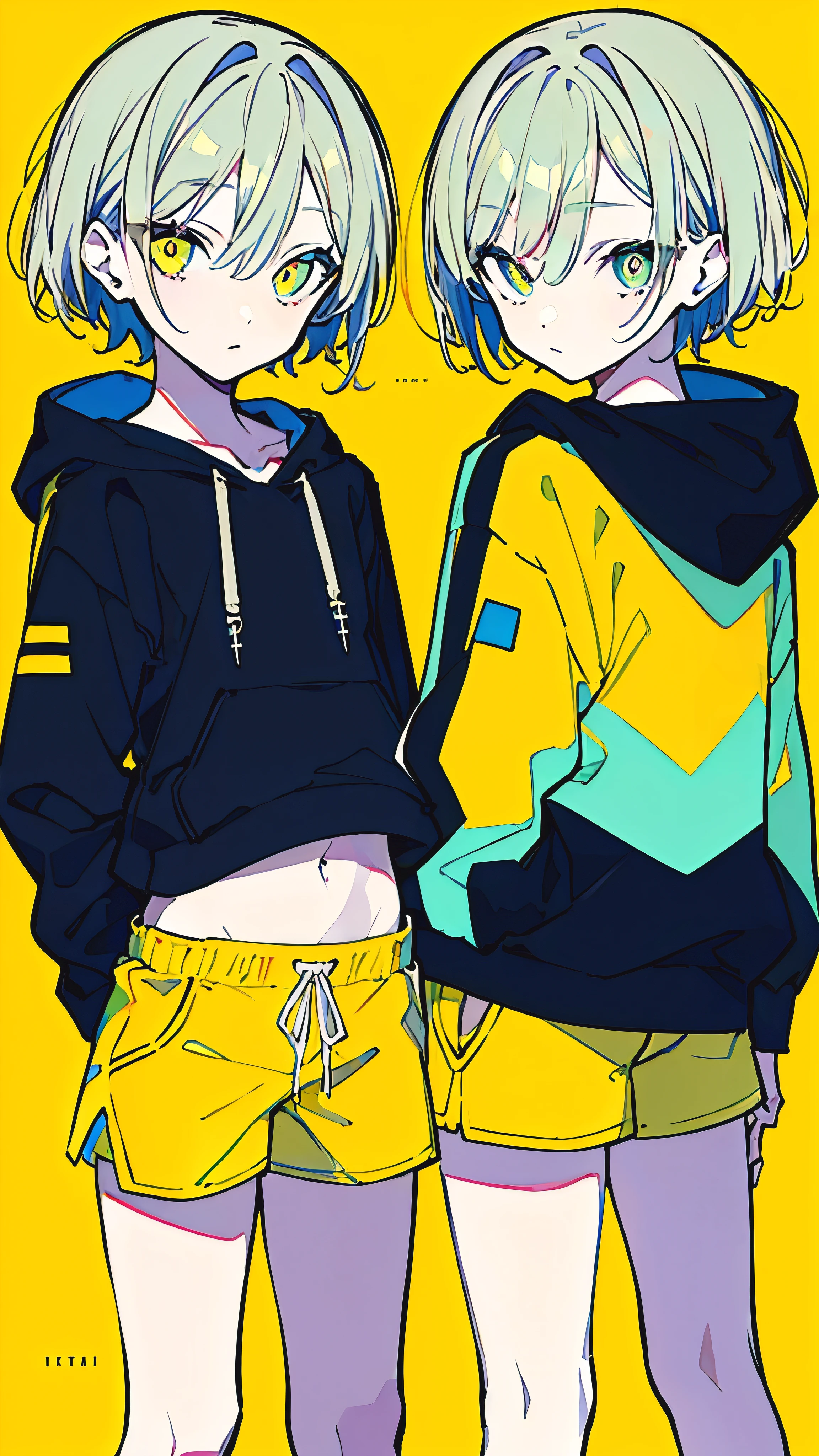 (masterpiece, highest quality:1.6), alone, thick outline, (simple background, Dark yellow background, twins, monochrome, dark yellow theme:1.2), official art, Key Visual, 8K, confused, whole body, (Unique hair, oversized hoodie, hot pants, arch back, short torso:1.2), belly button, thighs, cowboy shot, HDR, sharp focus, High resolution, most detailed, very detailed, Super detailed, finely, detailed eyes and face, sharp pupils, realistic student