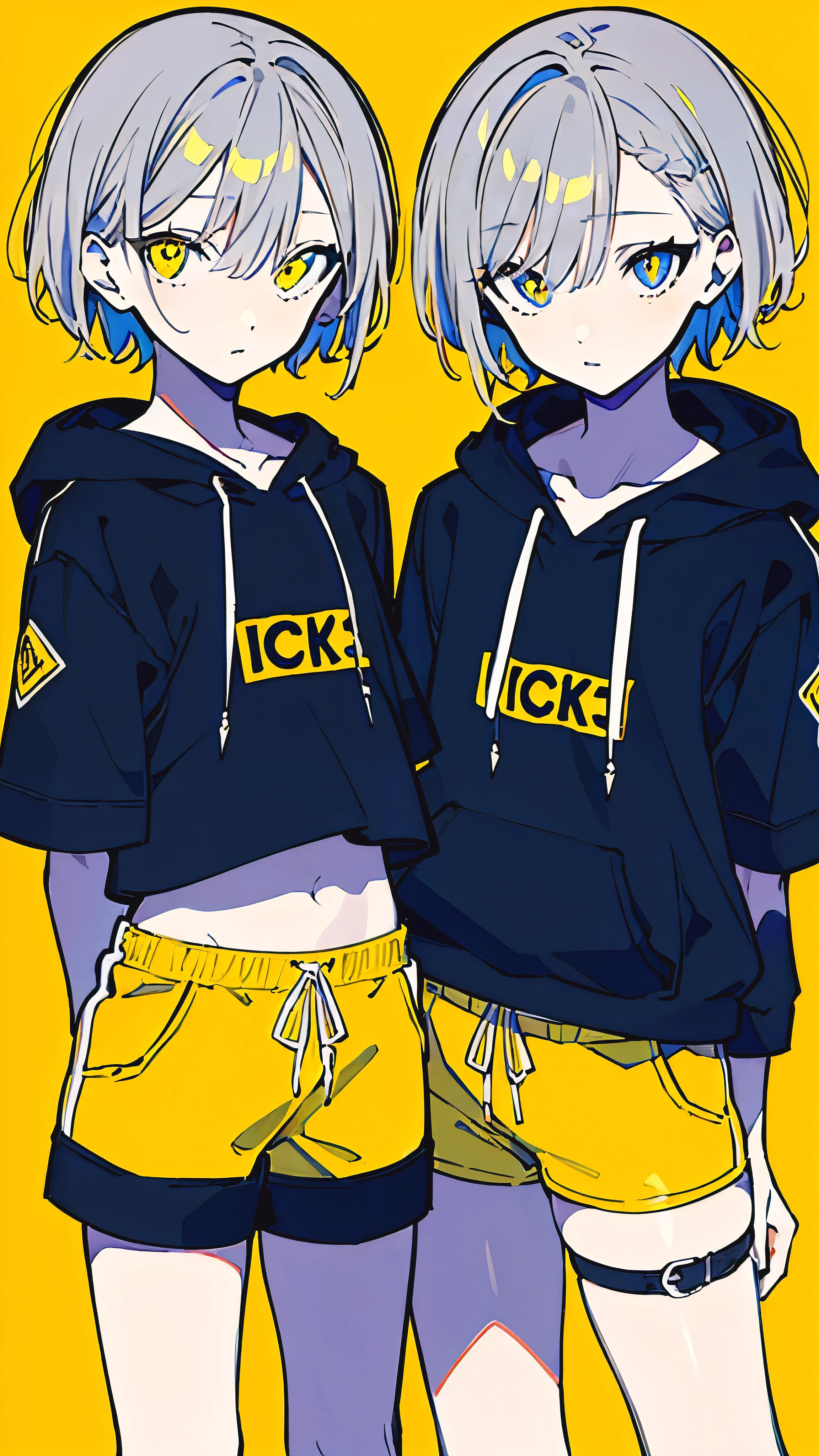(masterpiece, highest quality:1.6), alone, thick outline, (simple background, Dark yellow background, monochrome, dark yellow theme:1.2), official art, Key Visual, 8K, confused, whole body, (Unique hair, oversized hoodie, black t-shirt under hoodie, hot pants, arch back, short torso:1.2), belly button, thighs, cowboy shot, HDR, sharp focus, High resolution, most detailed, very detailed, Super detailed, finely, detailed eyes and face, sharp pupils, realistic student