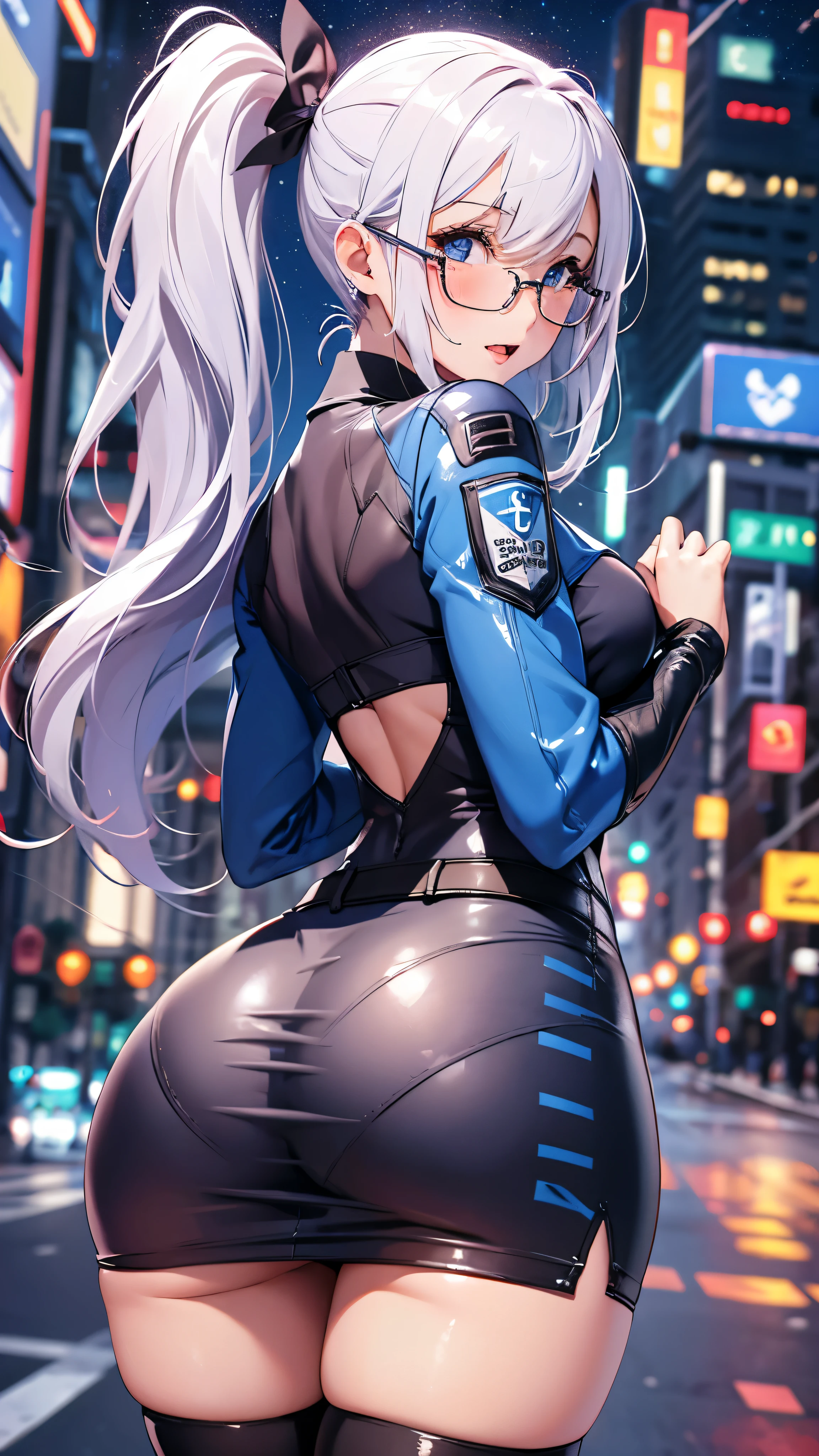 woman,25 years old,,city,night,(((white and blue tight miniskirt bodysuit))),,open mouth smile(())(Glasses),((Beautiful long ponytail)),(()),blush、surprised face,((())),((look back))wet with sweat