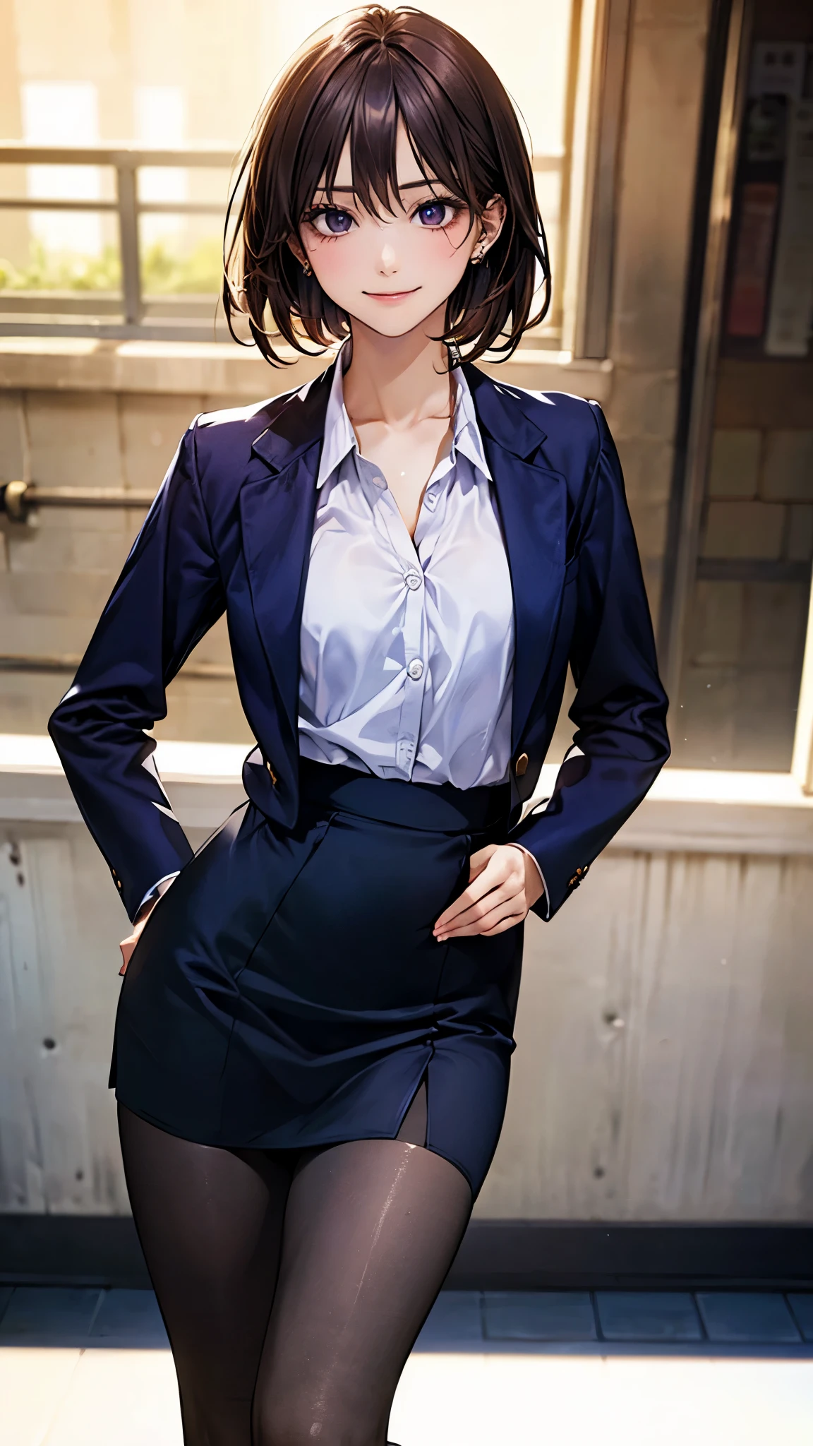 (masterpiece:1.2, top-quality), (realistic, photorealistic:1.4), beautiful illustration, (natural side lighting, movie lighting),
looking at viewer, 1 woman, japanese, 22 years old, high school teacher, perfect face, cute and symmetrical face, shiny skin, babyface,
(short hair, straight hair, dark brown hair), hair between eyes, dark purple eyes, (middle breasts, seductive thighs, big ass), piercings,
beautiful hair, beautiful face, beautiful detailed eyes, beautiful clavicle, beautiful body, beautiful chest, beautiful thigh, beautiful legs, beautiful fingers,
((navy jacket, close jacket, navy tight skirt, white collared shirt), black pantyhose), purple neck ribbon, high heels,
(beautiful scenery), evening, school, , standing, hands on hips, sexy pose, (smirk),