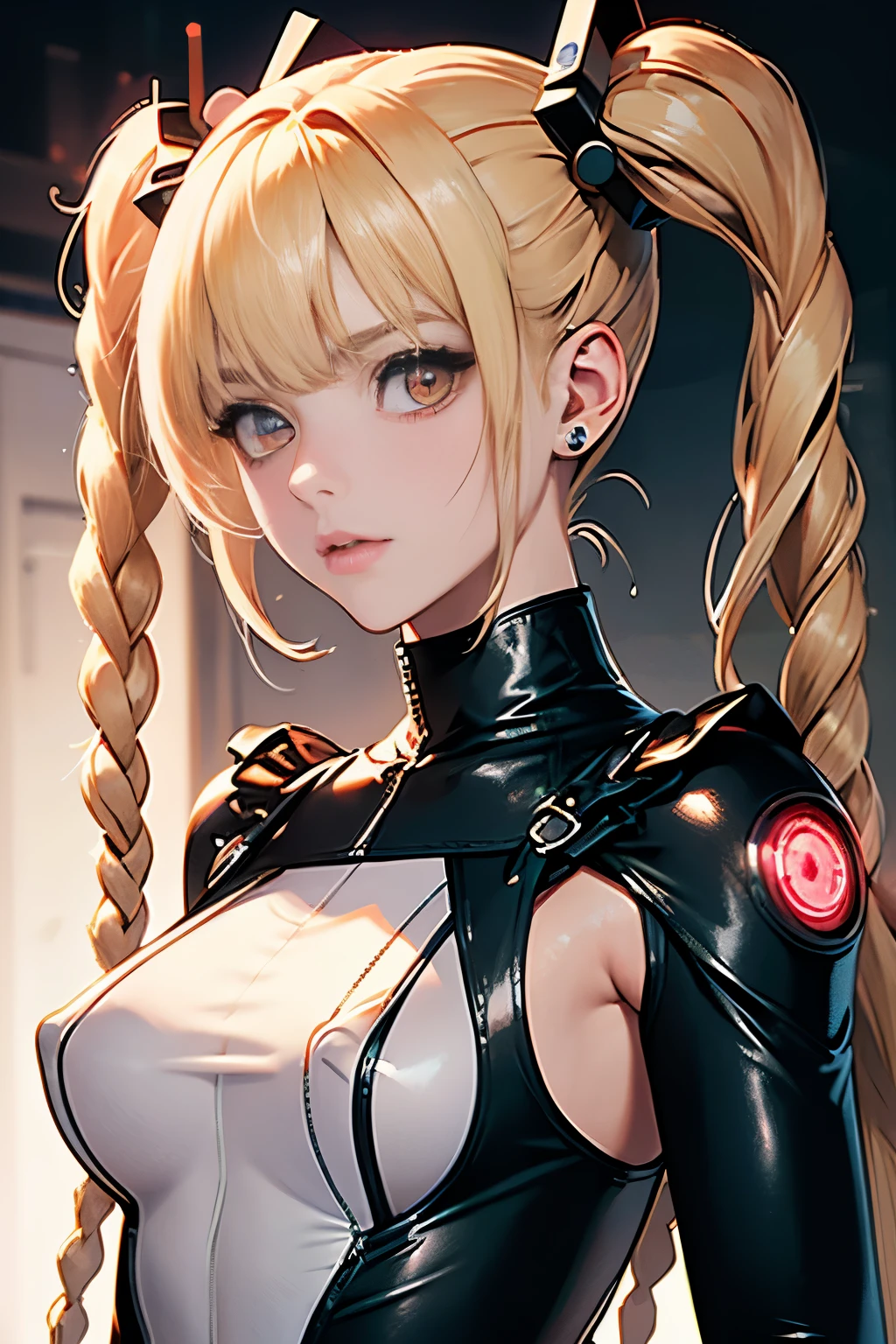 optimal，master piece，High resolution，best quality，hyper hd，super detail，award-winning，16K，solo，（Upper body），correct anatomy，Beautiful Cyberpunk Girl，cute face，，blonde、long hair、twin tails、Braid, hair line，（（scarlet eyes）），long eyelashes，dangling corner of the eye，white skin，(I can see your nipples), transparent chest, (I can see your nipples), transparent chest, shining eyes、rocket , （rim body），（（Women's Super Short Shawl Leather Jacket）），（（bikesuit）），ear studs，（neck ring），（laser material clothing：1.2）