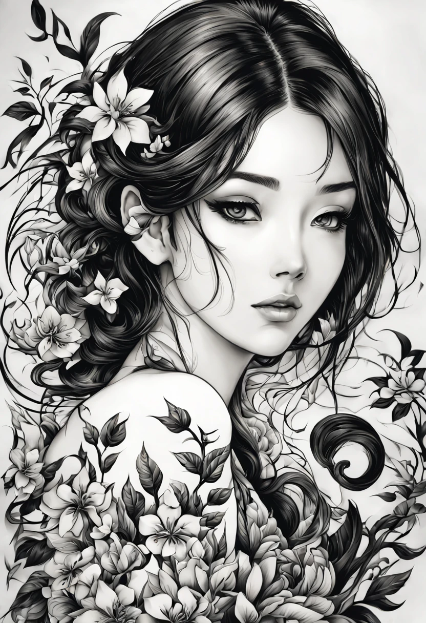 (high quality,4k,8k,highres,masterpiece:1.2),ultra-detailed,detailed eyes, detailed lips,black and white ink paint stroked japanese tattoo,girl with intricate traditional tattoo,sleek dark hair flowing down,subtle shading and highlights,traditional Japanese background with cherry blossoms and waves,crisp lines and precise details,texture of the tattoo showing fine brush strokes and ink splatters,subtle variations in shading and depth,meticulously crafted patterns and symbols,high contrast between light and dark areas to create a dramatic effect,complex and meaningful symbolism,delicate and intricate floral elements,exquisite craftsmanship and attention to detail,Gothic-inspired fashion with a modern twist,confidence and poise in the girl's expression,strong and bold presence in the overall composition,sharp focus to capture every intricate detail,subtle shadows and soft gradients to create depth and dimension,stark contrast between the black tattoo and the pale skin of the girl,traditional Japanese aesthetic combined with contemporary influences,proud and elegant posture of the girl,patiently etched lines and dots,smooth and graceful curves of the tattoo design,meticulously executed linework and shading.