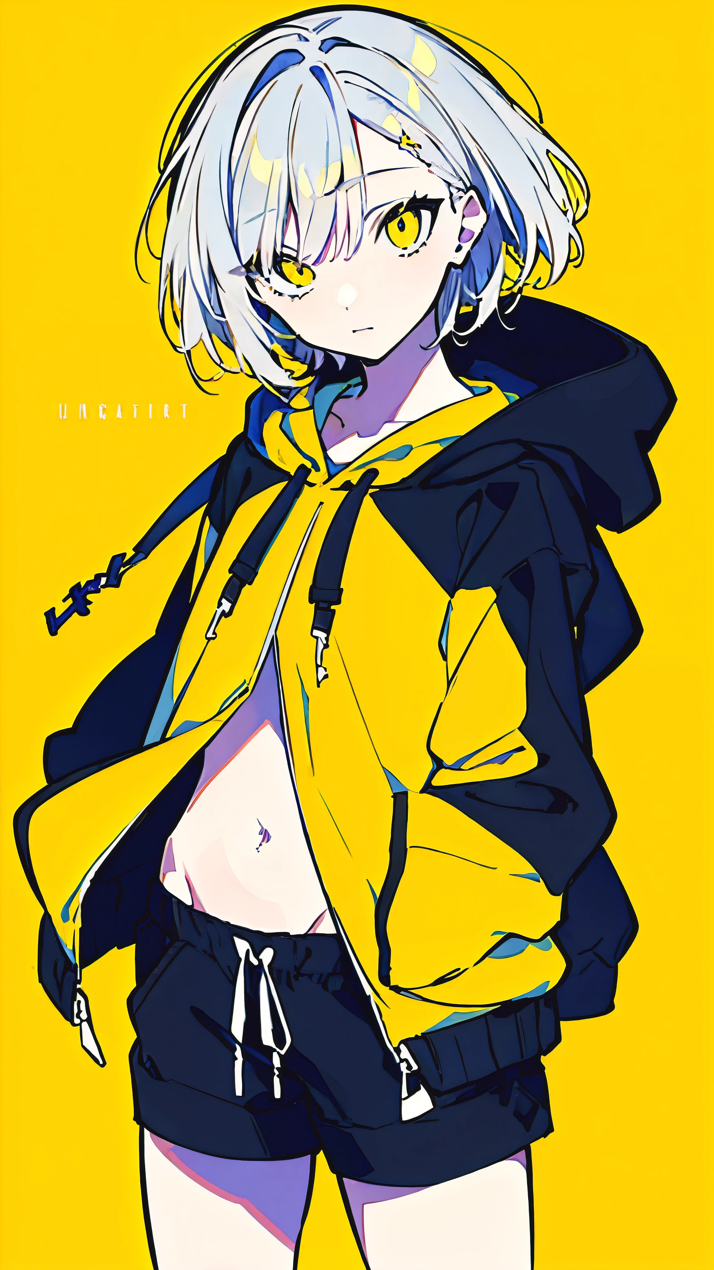 (masterpiece, highest quality:1.6), alone, thick outline, (simple background, Dark yellow background, twins, monochrome, dark yellow theme:1.2), official art, Key Visual, 8K, confused, whole body, (Unique hair, oversized hoodie, hot pants, arch back, short torso:1.2), belly button, thighs, cowboy shot, HDR, sharp focus, High resolution, most detailed, very detailed, Super detailed, finely, detailed eyes and face, sharp pupils, realistic student