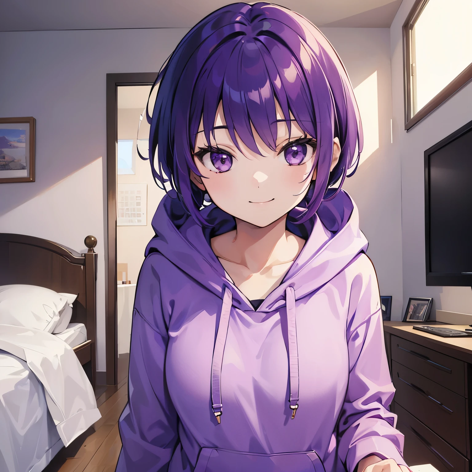 (T Masterpiece，4k wallpaper，best quality))、((girl１people))、(solo)、Shining and vivid，(purple hair)、(shortcut:1.3)、smile、Bedroom、hoodie、morning
