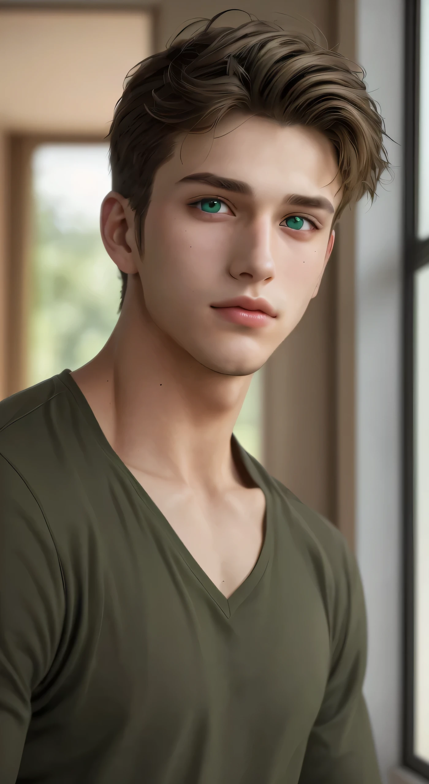 A 23-year-old man, handsome, green eyes, clear and bold eyelashes, facial details, fair skin
