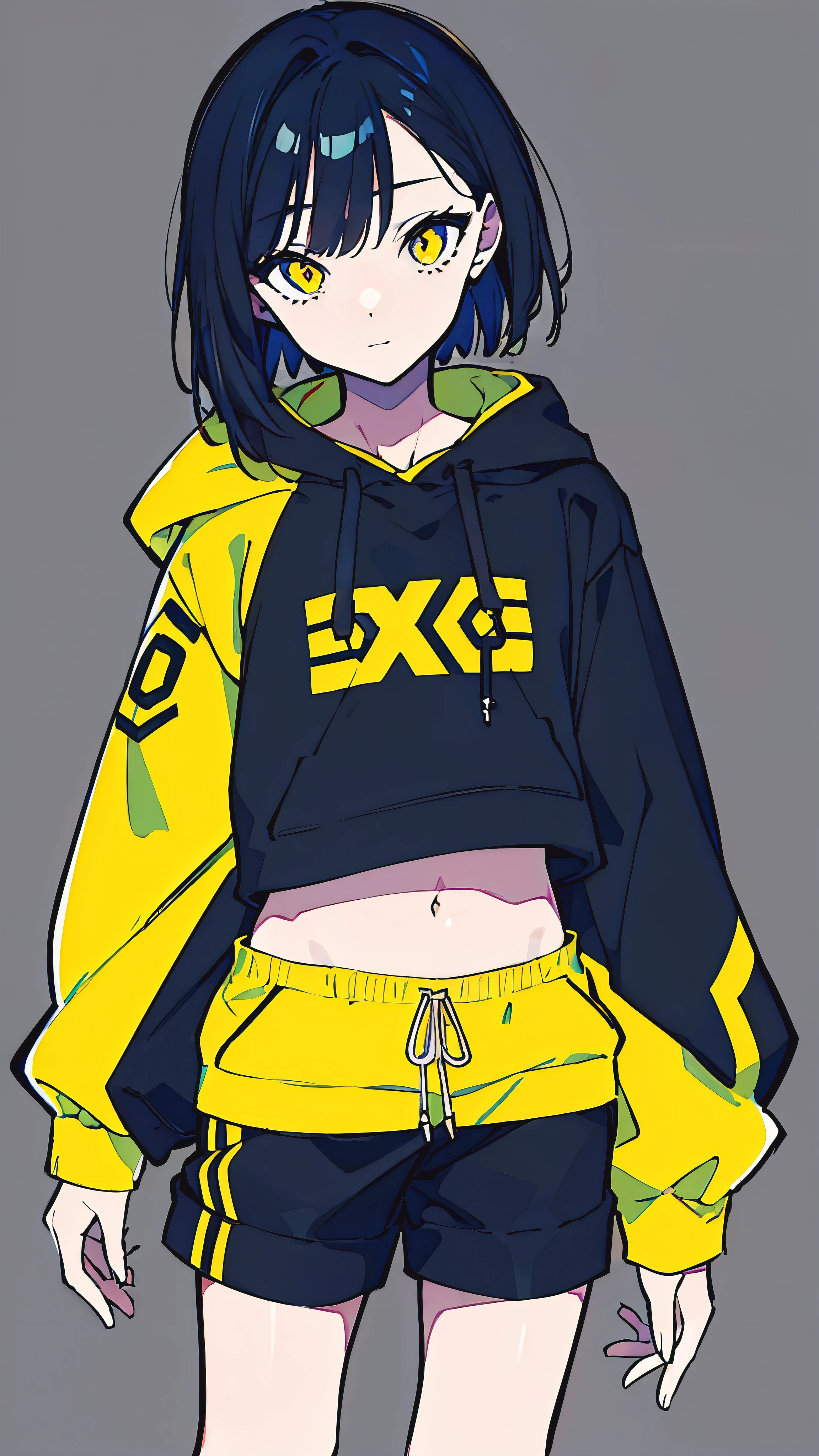 (masterpiece, highest quality:1.6), alone, thick outline, (simple background, Dark yellow background, monochrome, dark yellow theme:1.2), official art, Key Visual, 8K, confused, whole body, (Unique hair, oversized hoodie, There is one black dot on the bonnet, hot pants, arch back, short torso:1.2), belly button, thighs, cowboy shot, HDR, sharp focus, High resolution, most detailed, very detailed, Super detailed, finely, detailed eyes and face, sharp pupils, realistic student