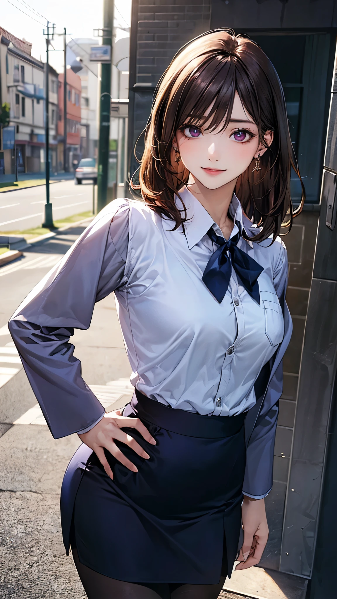 (masterpiece:1.2, top-quality), (realistic, photorealistic:1.4), beautiful illustration, (natural side lighting, movie lighting),
looking at viewer, 1 woman, japanese, 22 years old, high school teacher, perfect face, cute and symmetrical face, shiny skin, babyface,
(short hair, straight hair, dark brown hair), hair between eyes, dark purple eyes, (middle breasts, seductive thighs, big ass), piercings,
beautiful hair, beautiful face, beautiful detailed eyes, beautiful clavicle, beautiful body, beautiful chest, beautiful thigh, beautiful legs, beautiful fingers,
((navy jacket, close jacket, navy tight skirt, white collared shirt), black pantyhose), purple neck ribbon, high heels,
(beautiful scenery), evening, school, , standing, hands on hips, sexy pose, (lovely smile, upper eyes),