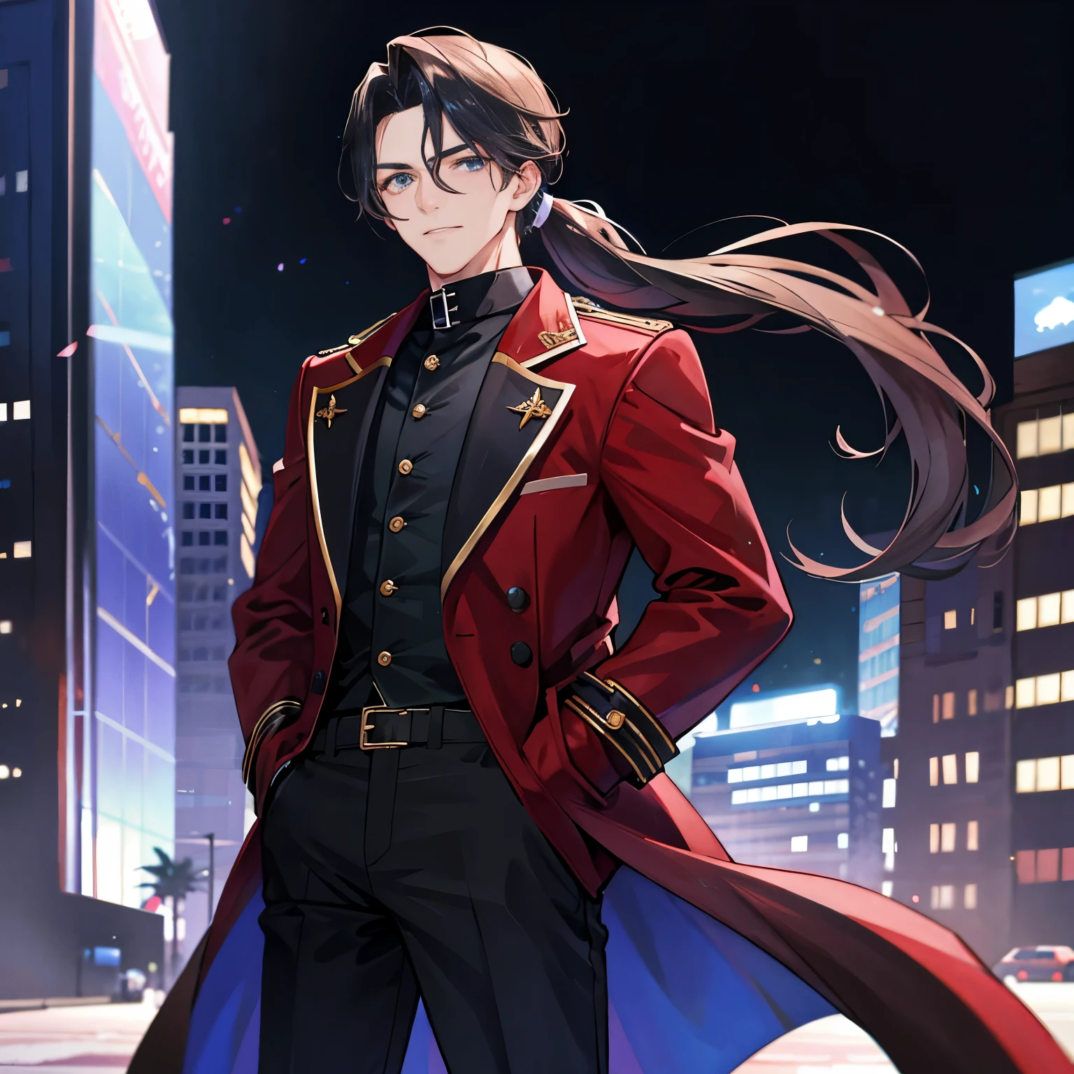 A man,Handsome,Pony-Tail, nightcity,Sateen,coat large,Put your hands in your pockets