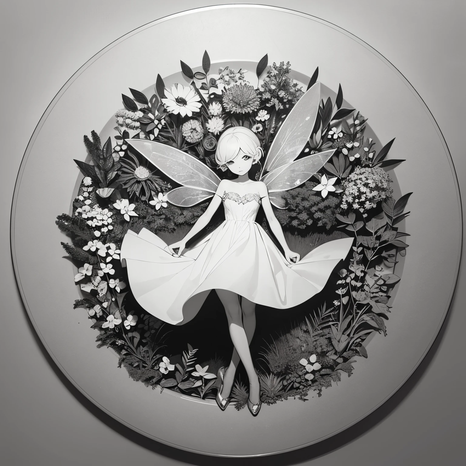 Illustration of a sleek, minimalistic logo featuring a small fairy surrounded by cool-toned monochrome flowers in a circular arrangement.