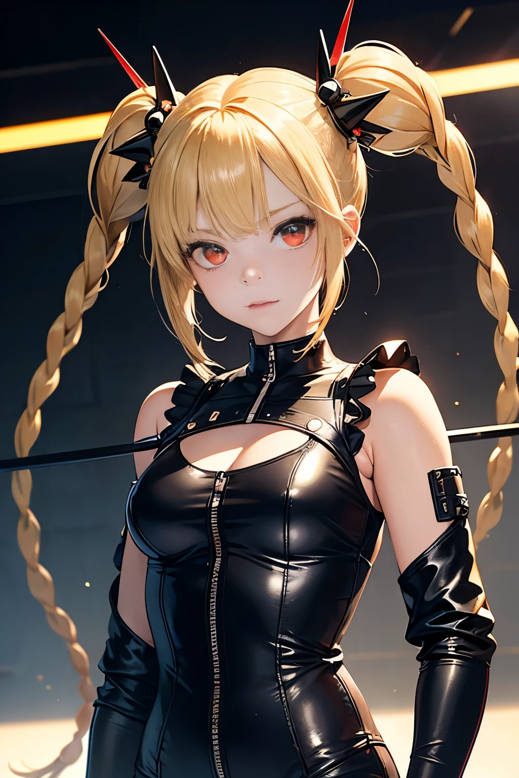 optimal，master piece，High resolution，best quality，hyper hd，super detail，award-winning，16K，solo，（Upper body），correct anatomy，Beautiful Cyberpunk Girl，cute face，，blonde、long hair、twin tails、Braid, hair line，（（scarlet eyes）），long eyelashes，dangling corner of the eye，white skin，(I can see your nipples), transparent chest, (I can see your nipples), transparent chest, shining eyes、rocket , （rim body），（（Women's Super Short Shawl Leather Jacket）），（（bikesuit）），ear studs，（neck ring），（laser material clothing：1.2）