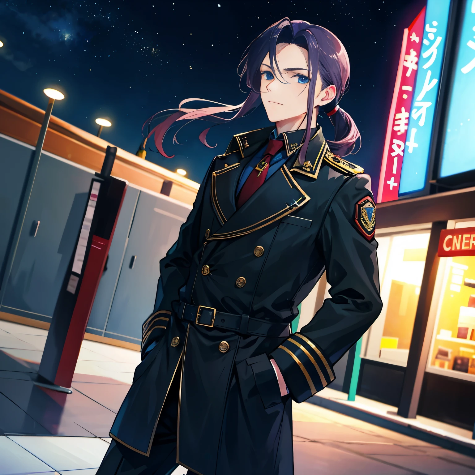 A man，Handsome，Pony-Tail,  nightcity，Sateen，Militarry coat large，Put your hands in your pockets