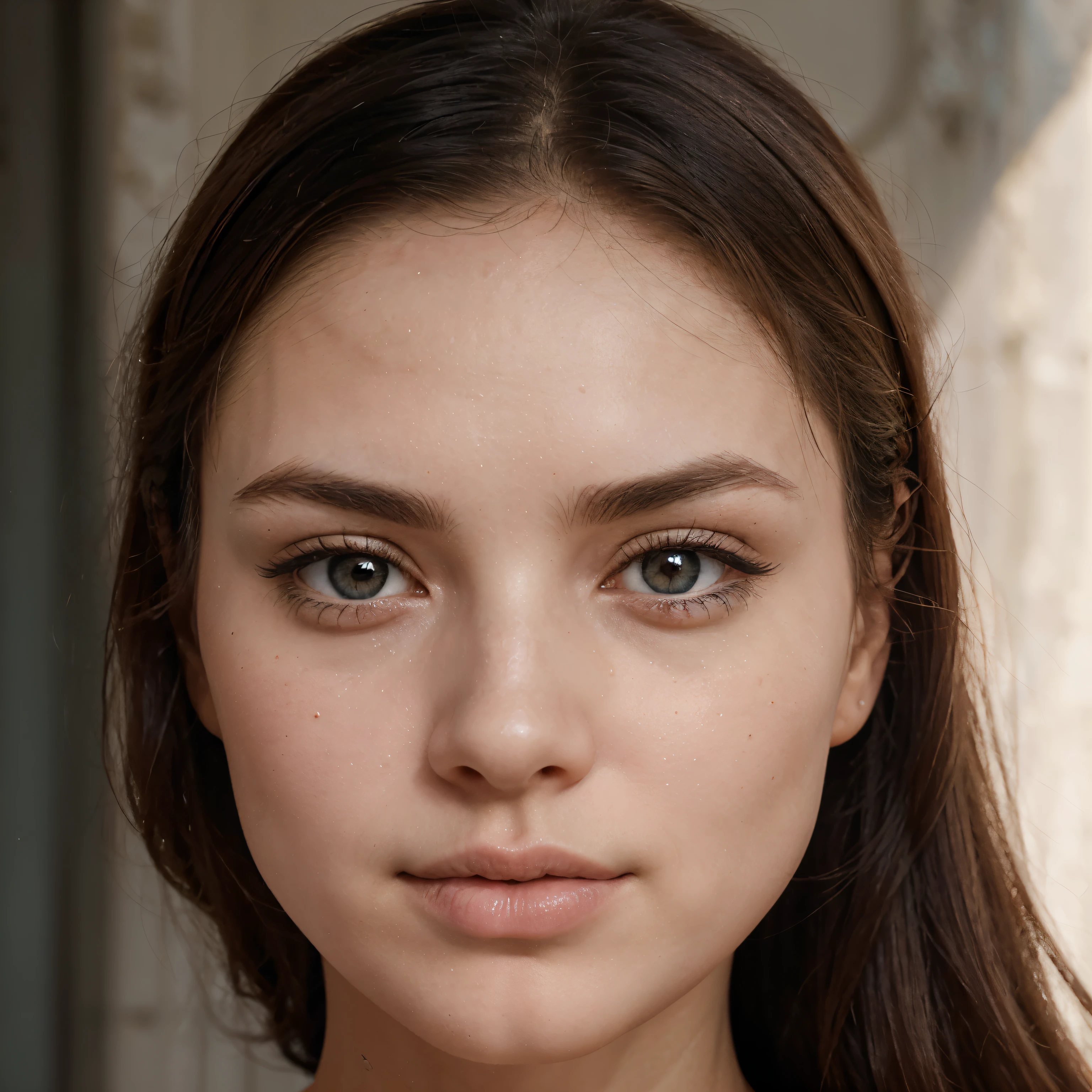 An oval-faced Ukrainian girl, 27. Her face, gently oval, strikes a balance between length and proportion. The forehead, neither too wide nor too narrow, complements her overall facial harmony. Smooth and unwrinkled, her forehead radiates with an even tone, devoid of visible pores or imperfections. Dark, elegantly arched eyebrows frame her medium almond-shaped blue eyes, reminiscent of a serene lagoon reflecting the sky and the sun. Her eyelashes, akin to black feathers, safeguard her tranquility. The sclera, akin to snow-white marble, contrasts with the iris resembling a precious stone, while the pupil, akin to a black pearl, adds depth to her captivating gaze. The nose, symmetrical and medium-sized, boasts a straight wide bridge with a subtle hump and a rounded tip. Visible pores adorn its smooth surface, with wrinkles delicately tracing its contours. A small bump adorns the bridge, accompanied by thin hairs, enhancing its natural allure. The tip, lightly pink, features subtle pores and a small birthmark, exuding charm and character.
Her cheeks, adorned with barely visible pores, boast smooth rounded contours, adding to her allure and individuality. A few wrinkles grace her cheeks, situated primarily in their center, while the skin radiates with a soft, light pink hue. Cheekbones, subtly defined, accentuate her facial structure with grace and elegance. Lips, with even edges, exhibit a subtle plumpness, tinted in a bright red hue. The upper lip, slightly longer, bears tiny wrinkles, while a small bump adorns its upper part, accentuating its grace. The lower lip, clear and smooth, forms a harmonious balance, accentuated by a thin red line separating it from the facial skin. Her chin, of moderate width, length, and height, features clear contours and a pale color, enhanced by a small dimple at its center. Wrinkles, minimal yet expressive, grace its surface, resonating with the elegance of her demeanor. Smooth and delicate pale pink 
