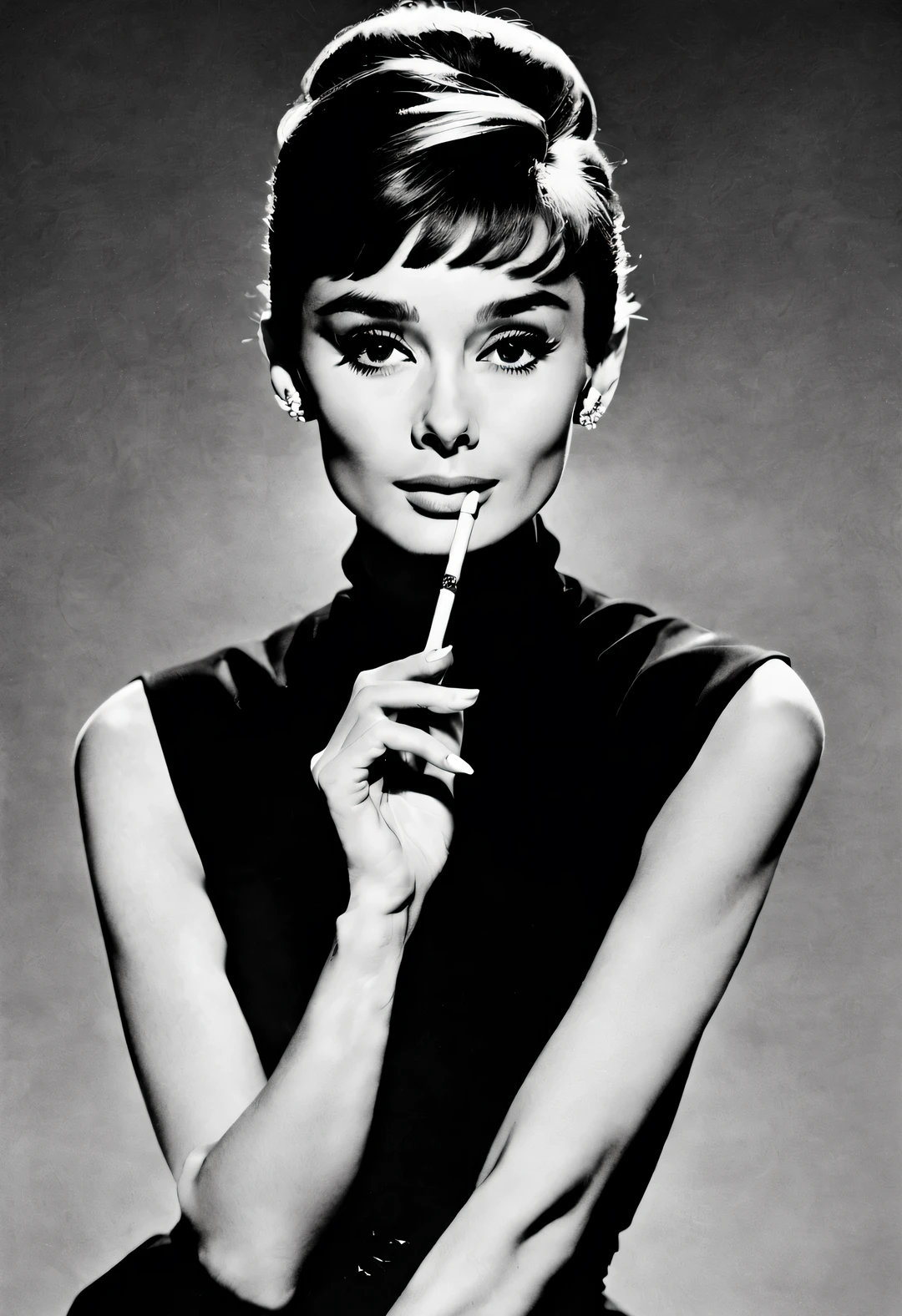 Ink art style, (Audrey Hepburn elegantly holding a cigarette in one hand), dramatic contrast, Hair texture clear and shiny, Emphasis on the depiction of exceptionally beautiful and bright eyes, smooth skin, portrait, Beautiful detailed, Super intricate and refined details, Outline with black ink, smooth lines, Express the characters’ expressions and postures through the contrast of ink shades, Have a simple background, Emphasis on light and space,