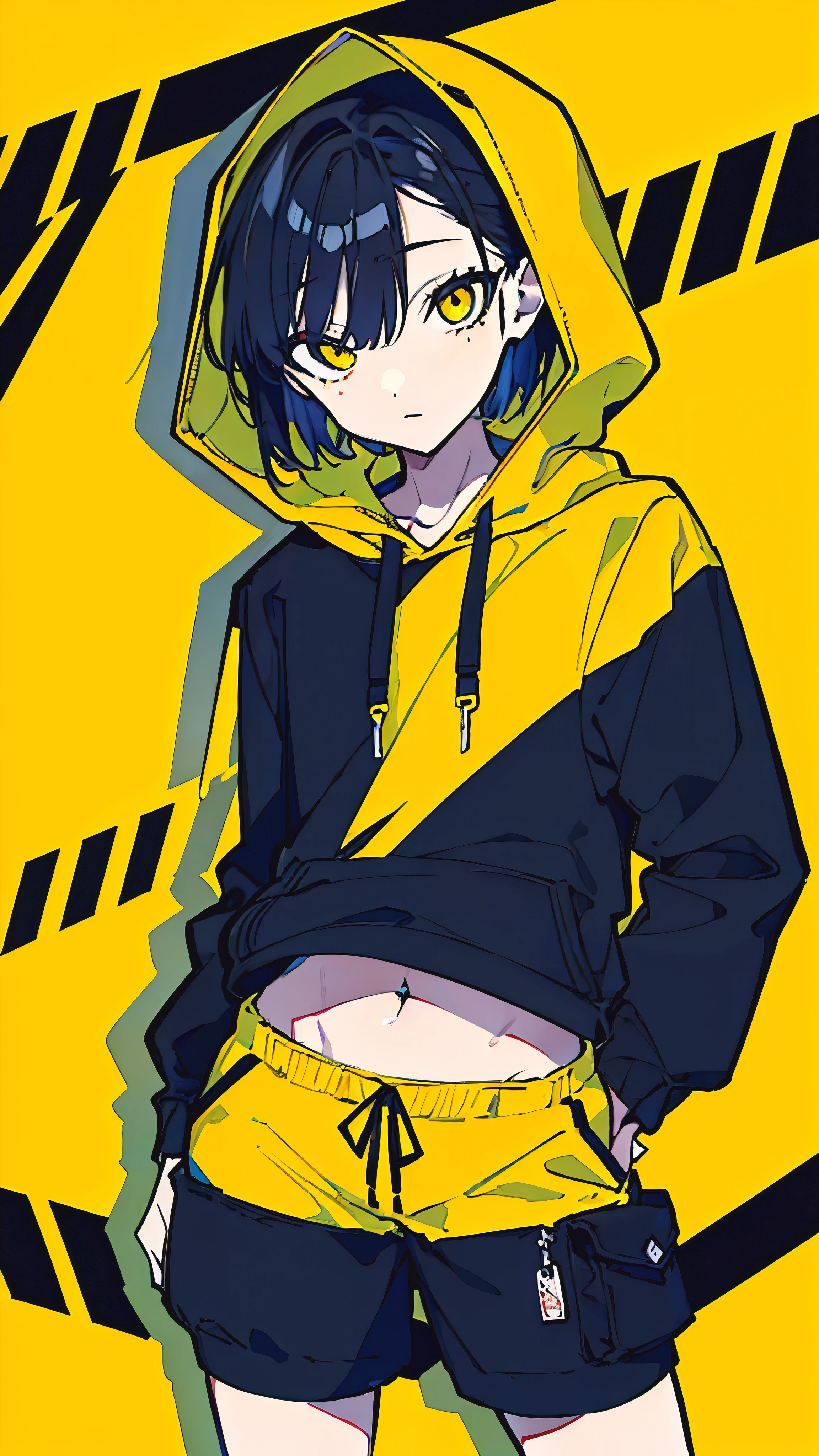 (masterpiece, highest quality:1.6), alone, thick outline, (simple background, Dark yellow background, monochrome, dark yellow theme:1.2), official art, Key Visual, 8K, confused, whole body, (Unique hair, oversized hoodie, There is one black eye-like spot on the bonnet., hot pants, arch back, short torso:1.2), belly button, thighs, cowboy shot, HDR, sharp focus, High resolution, most detailed, very detailed, Super detailed, finely, detailed eyes and face, sharp pupils, realistic student, alone