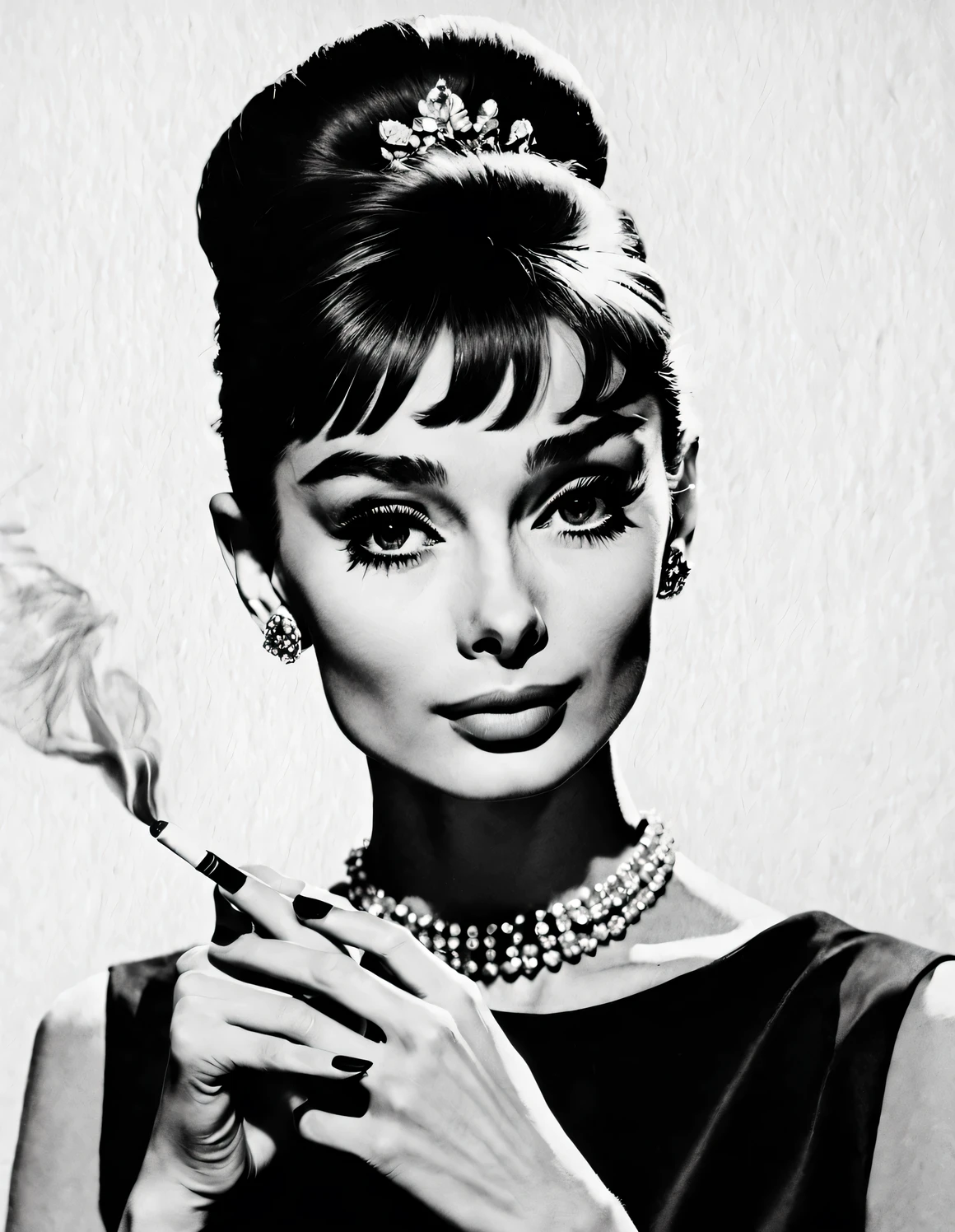 Ink art style, (Audrey Hepburn elegantly holding a cigarette in one hand), dramatic contrast, Hair texture clear and shiny, Emphasis on the depiction of exceptionally beautiful and bright eyes, smooth skin, portrait, Beautiful detailed, Super intricate and refined details, Outline with black ink, smooth lines, Express the characters’ expressions and postures through the contrast of ink shades, Have a simple background, Emphasis on light and space,