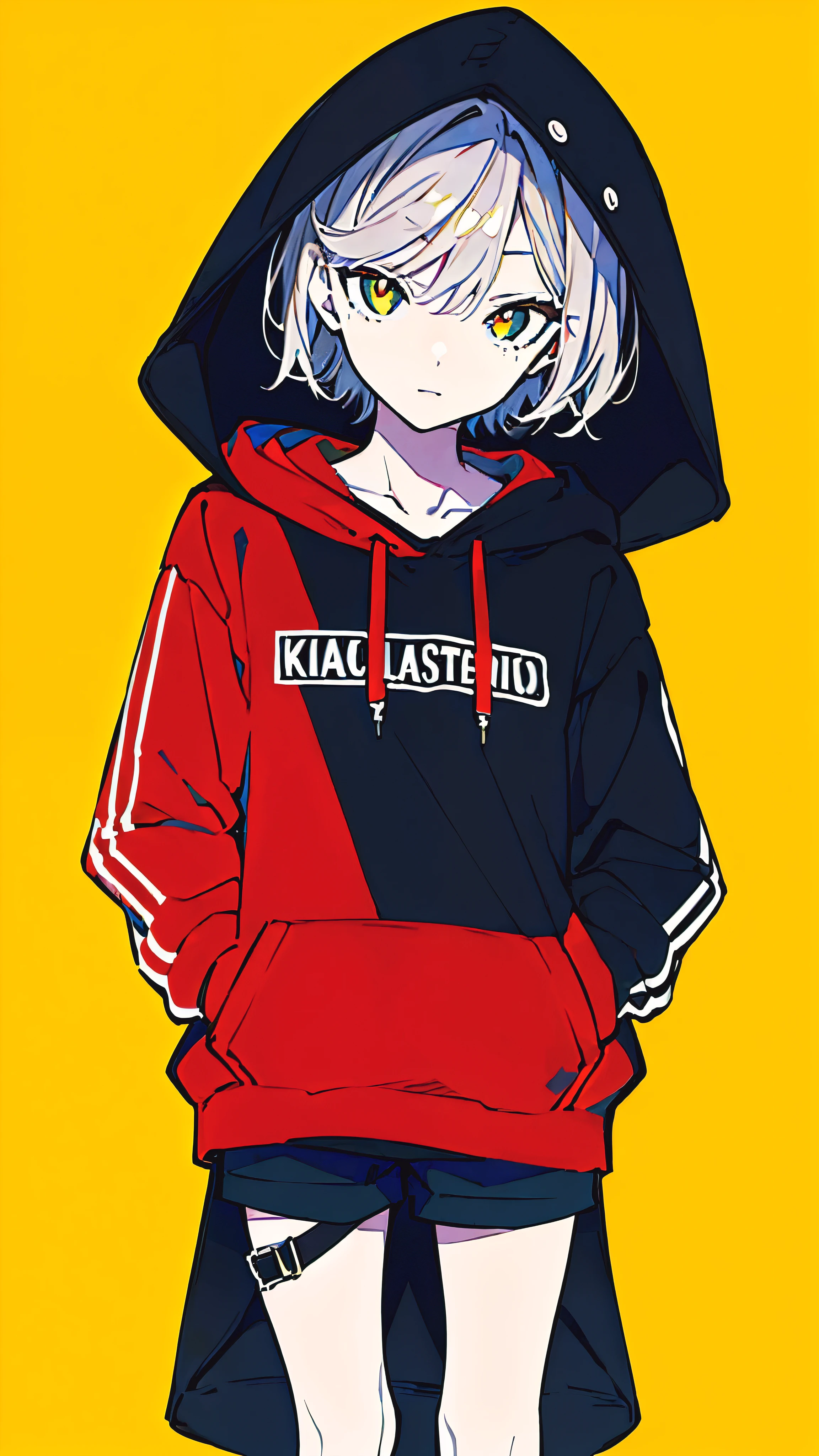 (masterpiece, highest quality:1.6), alone, thick outline, (simple background, Dark yellow background, monochrome, dark yellow theme:1.2), official art, Key Visual, 8K, confused, whole body, (Unique hair, oversized hoodie, There is one black dot on the bonnet., hot pants, arch back, short torso:1.2), belly button, thighs, cowboy shot, HDR, sharp focus, High resolution, most detailed, very detailed, Super detailed, finely, detailed eyes and face, sharp pupils, realistic student, alone