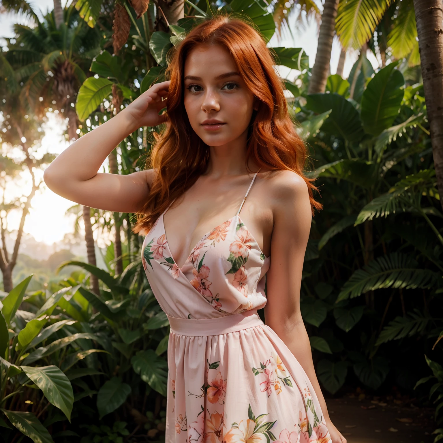 young woman, cool face, very cute short nose, ginger hair, close up shot, very beautiful, summer pink dress, standing in tropical forest, sunset, peaceful atmosphere, vibrant, colorful