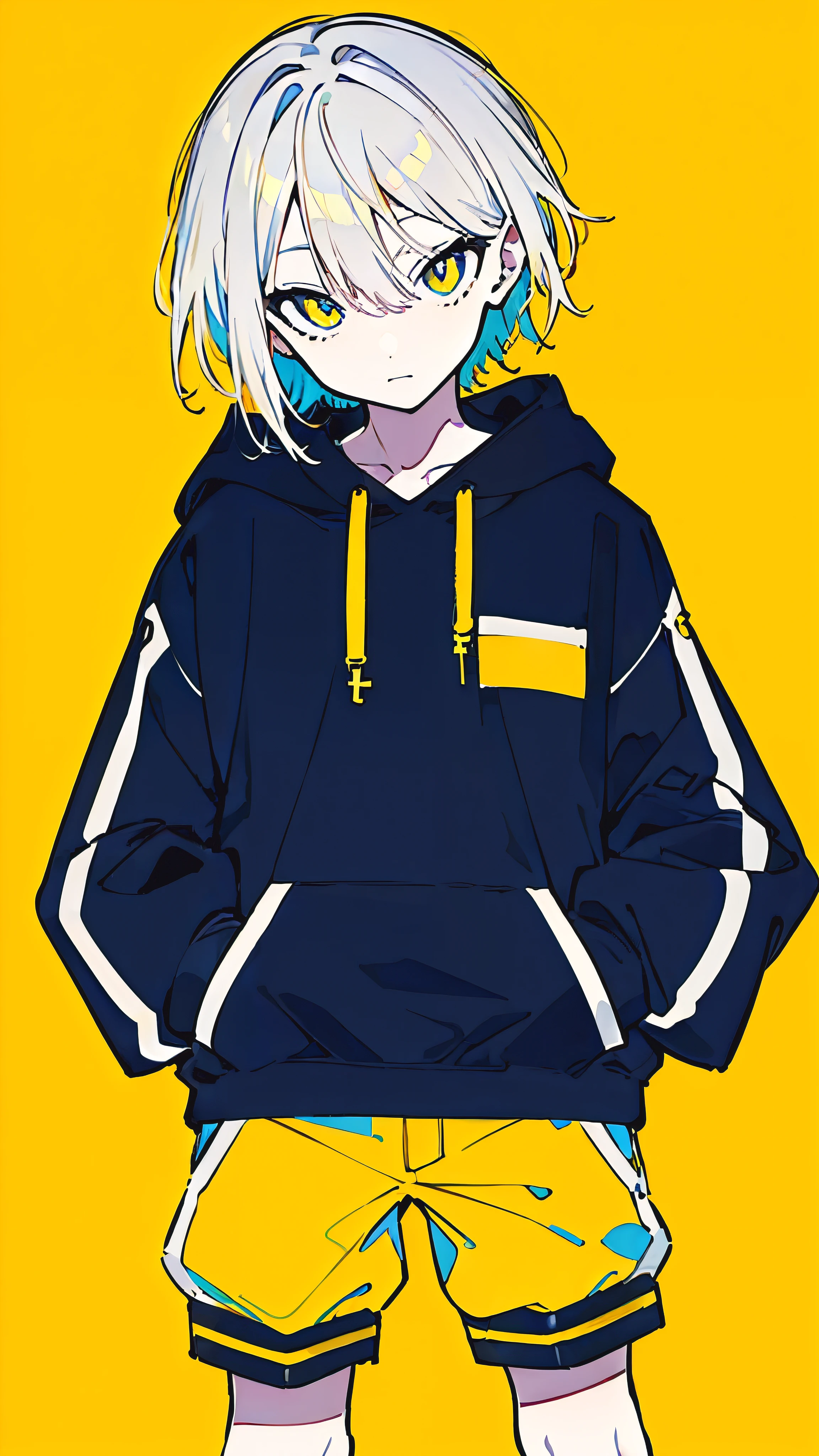 (masterpiece, highest quality:1.6), alone, thick outline, (simple background, Dark yellow background, monochrome, dark yellow theme:1.2), official art, Key Visual, 8K, confused, whole body, (Unique hair, oversized hoodie, hot pants, arch back, short torso:1.2), belly button, thighs, cowboy shot, HDR, sharp focus, High resolution, most detailed, very detailed, Super detailed, finely, detailed eyes and face, sharp pupils, realistic student, alone, contrast between yellow and light blue, alone, put one's hand in one's pocket