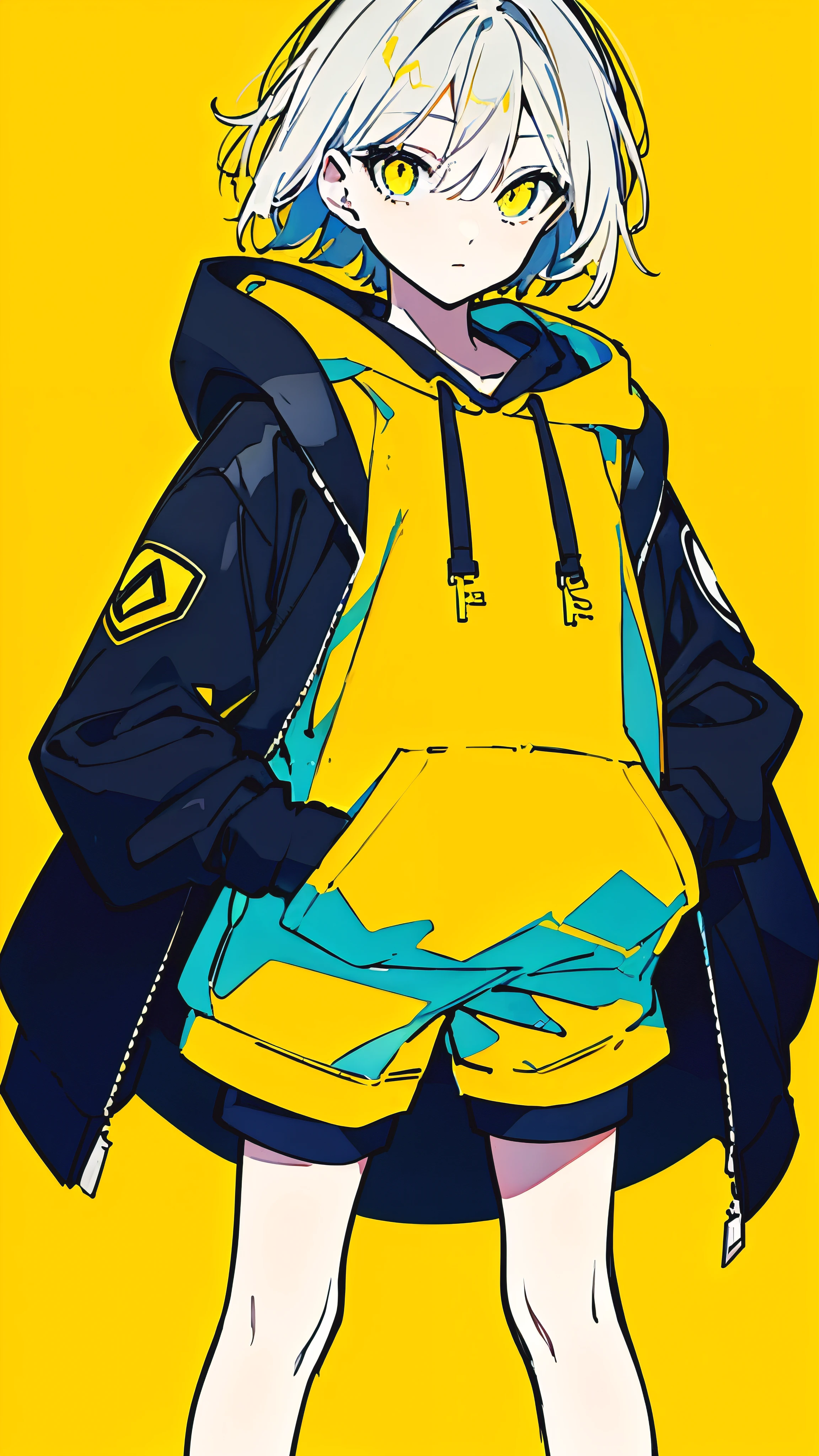 (masterpiece, highest quality:1.6), alone, thick outline, (simple background, Dark yellow background, monochrome, dark yellow theme:1.2), official art, Key Visual, 8K, confused, whole body, (Unique hair, oversized hoodie, hot pants, arch back, short torso:1.2), belly button, thighs, cowboy shot, HDR, sharp focus, High resolution, most detailed, very detailed, Super detailed, finely, detailed eyes and face, sharp pupils, realistic student, alone, contrast between yellow and light blue, alone, put one's hand in one's pocket