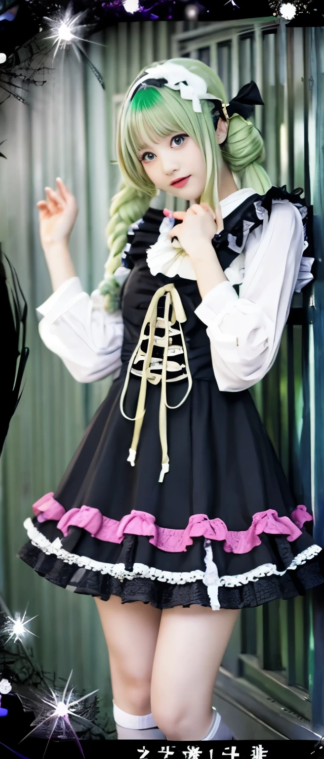 female idol、、Hair rolls、No sleeve、good style、Colorful Gothic ta Fashion(Spider web design)、Greenish-blond hair、whole body