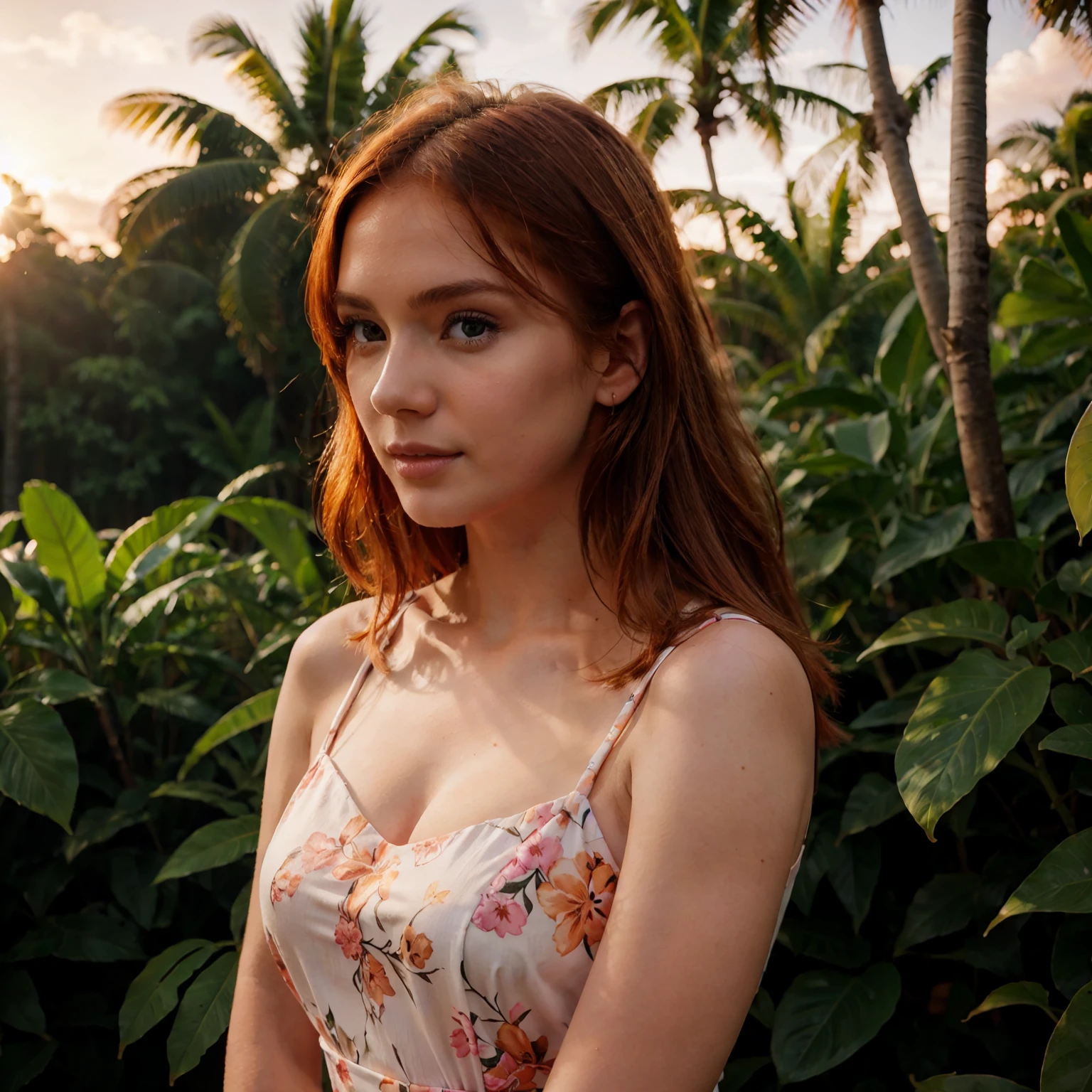 young woman, cool face, very cute short nose, ginger hair, close up shot, very beautiful, summer pink dress, standing in tropical forest, sunset, peaceful atmosphere, vibrant, colorful