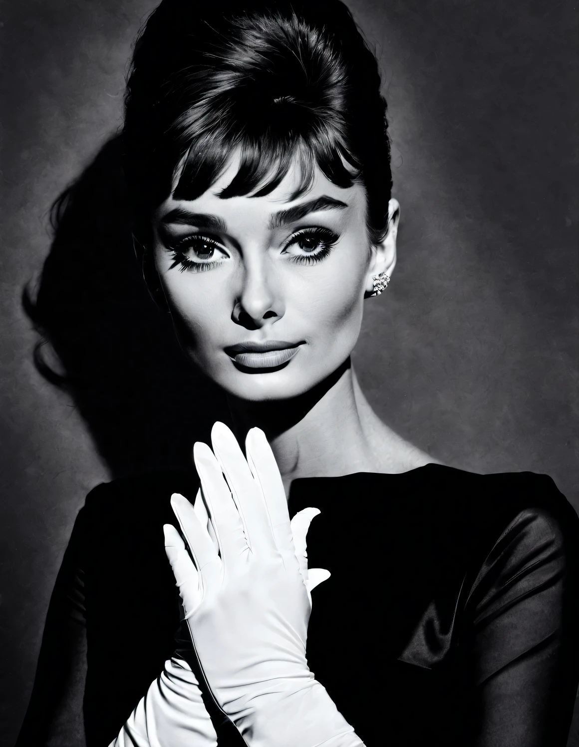 Ink art style， (Audrey Hepburn wearing white gloves clasping her hands）, dramatic contrast，Hair texture clear and shiny，Focus on describing clearly, Extraordinarily beautiful and bright eyes，smooth skin portrait, Beautiful detailed，Super intricate details，Outline with black ink，smooth lines，Displays characters&#39; Express expressions and postures through ink contrast，The background is simple，emphasize light, shadow and space，