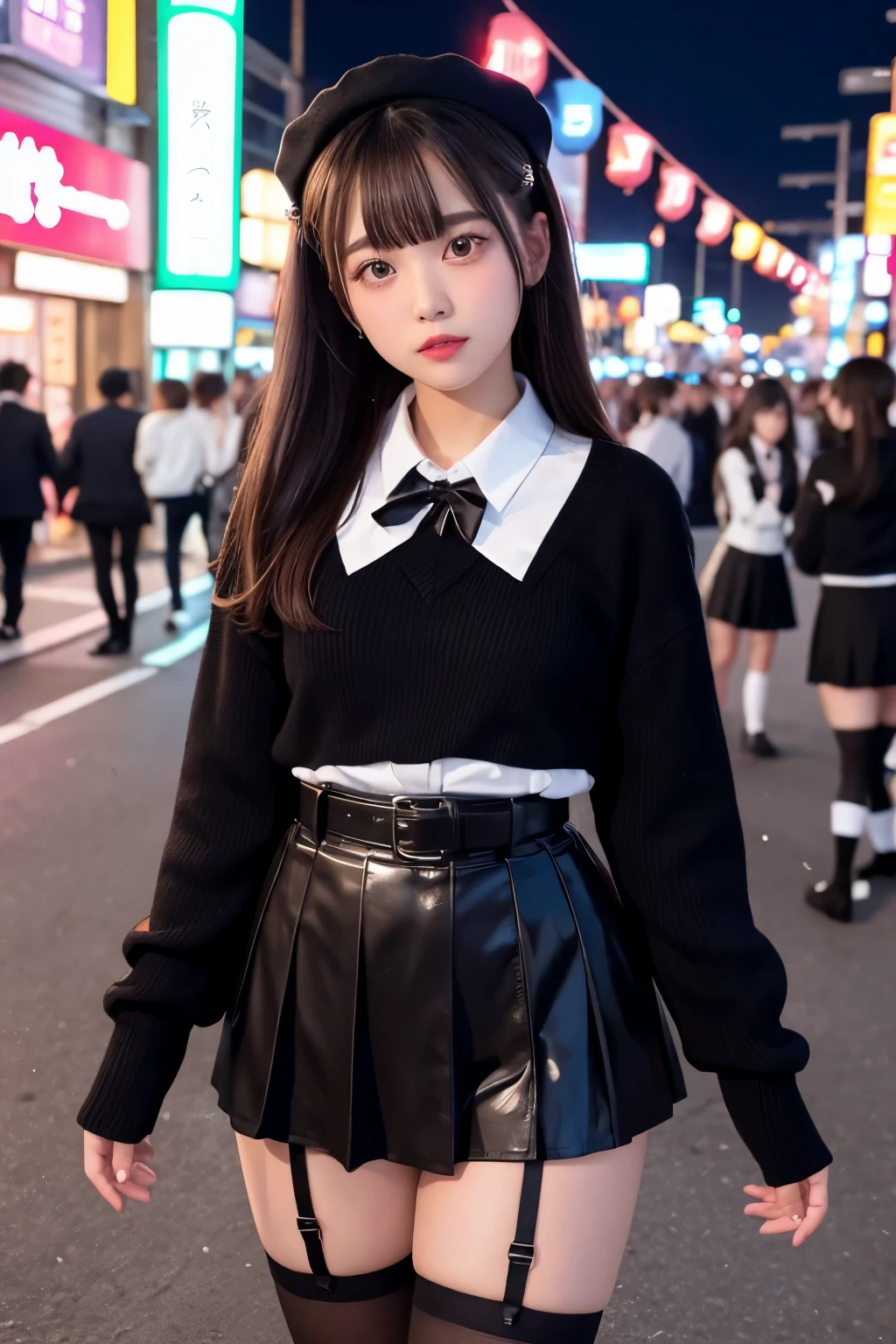high angle shot、center view、A woman standing on a neon street at midnight、Phenomenally cute 、japanese girl uniform、summer clothes、Microminiskirt、urreal 、loafers、She wears black tights that show a little bit of skin.、black tights、Japanese high school 、Nogizaka Idol、Plump thighs、Full body Esbian、garter belt、garter ring、leg garter