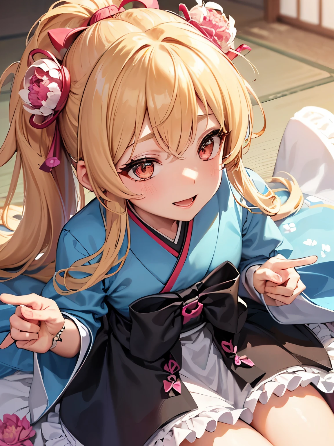 character//1 girl,((light golden hair:1.2)),((loosely tied long ponytail:1.2)),((Ponytails are fluffy and voluminous)),((Luxurious hairpin in a hair knot:1.3)),((A horn grows from the forehead1.6)),((demon cosplay girl:1.4)),BREAK//((Fluttery dress with a wide open chest:1.4)),((The hem of the dress is stepped々The frills give it a gorgeous feel.)),((The pattern of the dress is a Japanese pattern with prominent peony flowers.:1.5)),((The hem of the dress is long enough to cover your legs.:1.3)),((one piece color、white, red, pink, yellow, and light blue)),BREAK//,((no background:1.2)),((close up of face:1.2)),((proud smile:1.2))