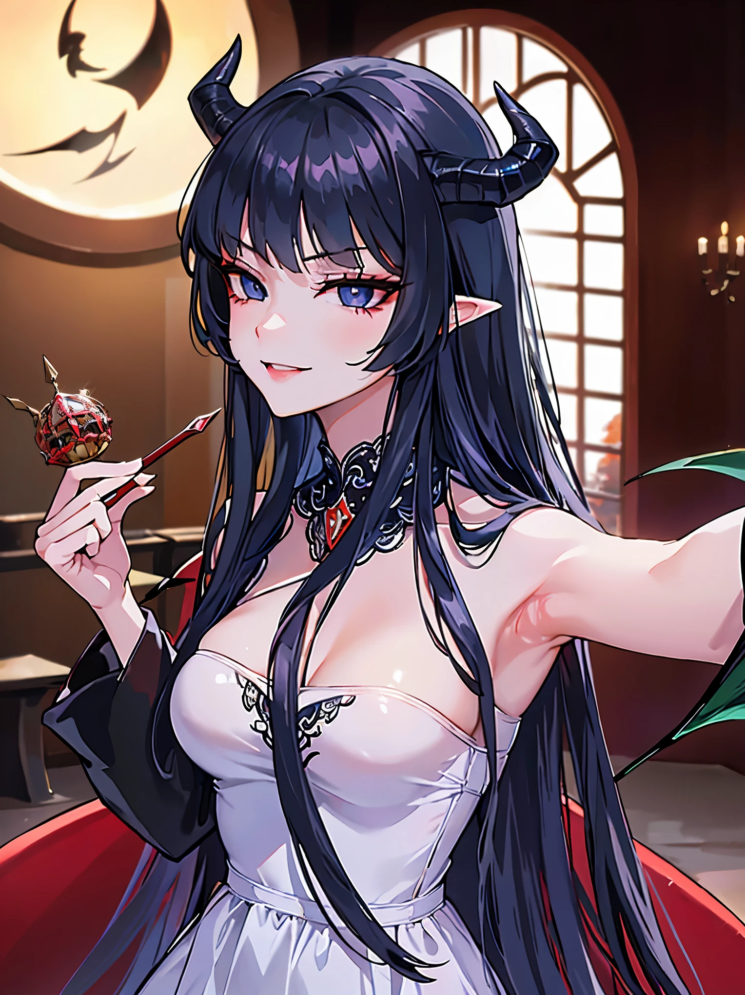 (extremely detailed 8K wallpaper),(ultra-detailed),(best quality),(masterpiece),(vertical painting),(highly detailed),(cinematic lighting),(Sword and magic world background),(((The image of a domineering and sinister beautiful girl))),long black hair,black eyes,sitting on an royal throne,Holding your face with one hand,(((Demon King image))),gorgeous clothes,(Eyes sparkling in the moonlight),((A sinister smile)),((An arrogant smile))