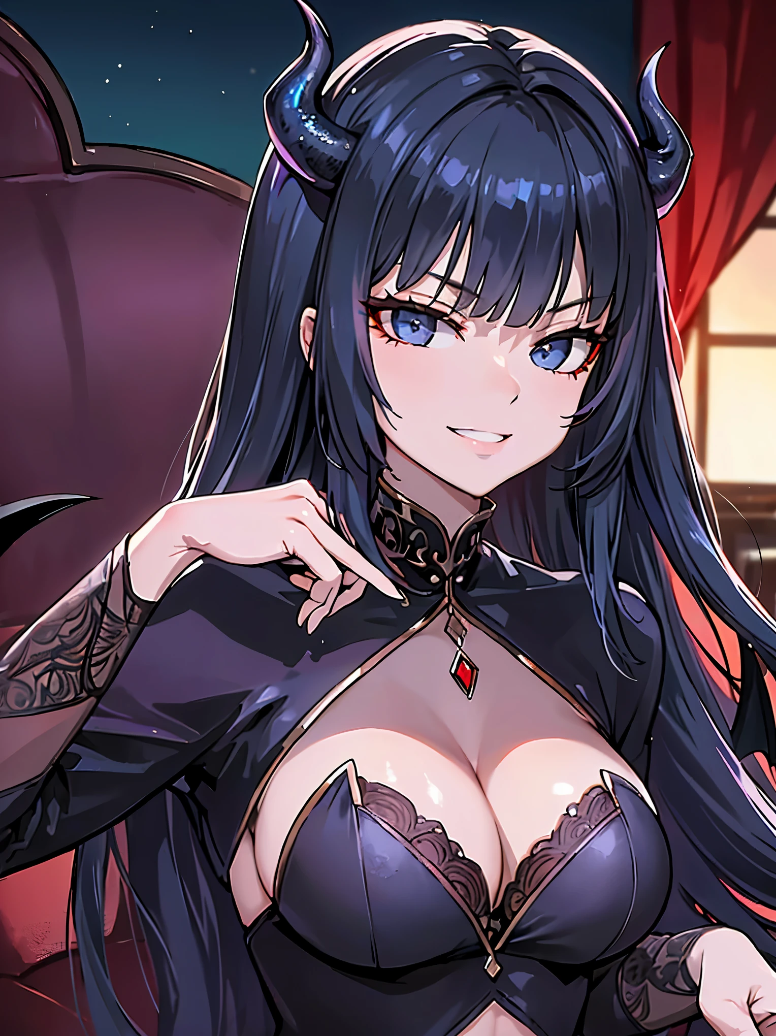 (extremely detailed 8K wallpaper),(ultra-detailed),(best quality),(masterpiece),(vertical painting),(highly detailed),(cinematic lighting),(Sword and magic world background),(((The image of a domineering and sinister beautiful girl))),long black hair,black eyes,sitting on an royal throne,Holding your face with one hand,(((Demon King image))),gorgeous clothes,(Eyes sparkling in the moonlight),((A sinister smile)),((An arrogant smile))