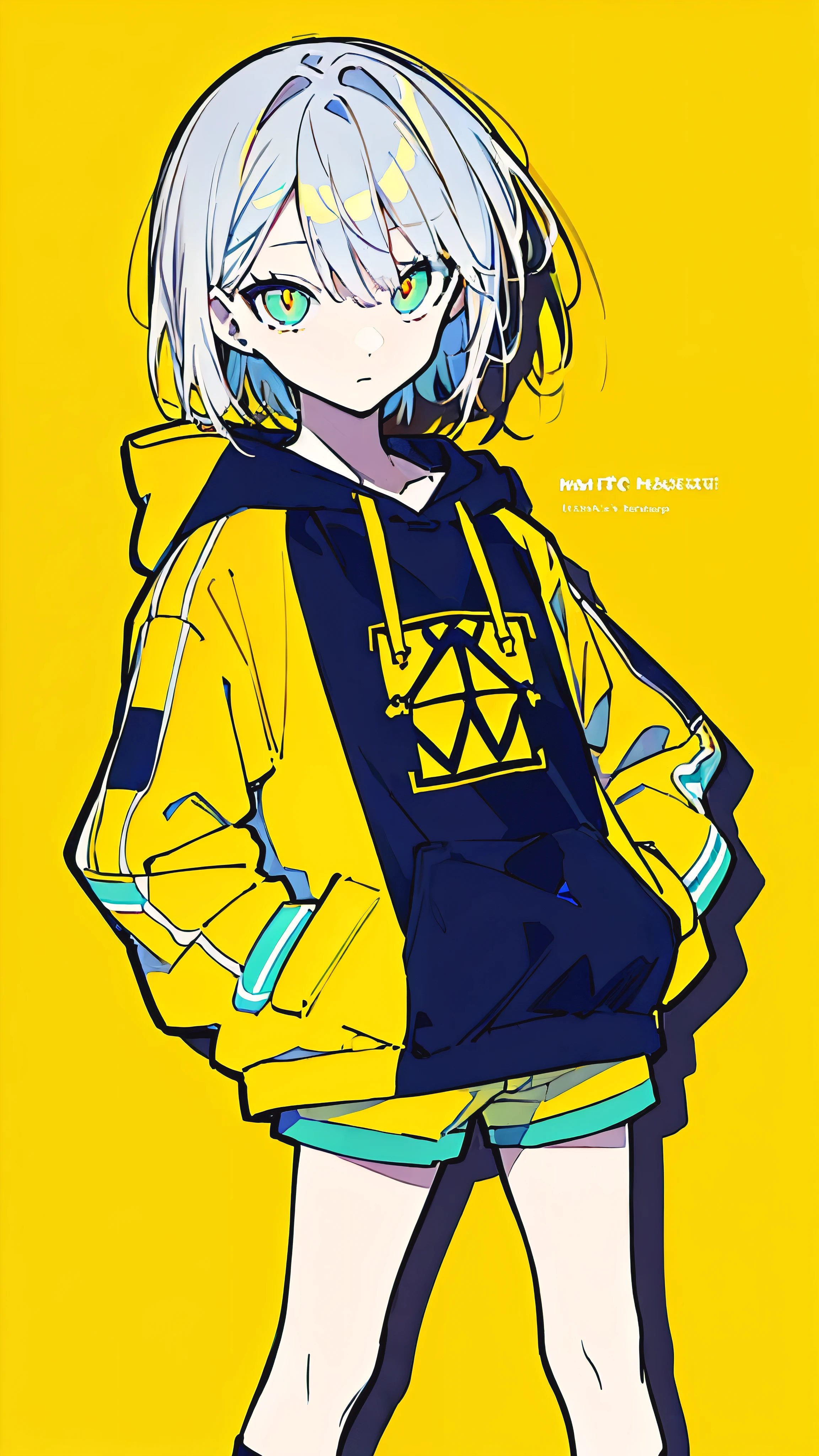 (masterpiece, highest quality:1.6), alone, thick outline, (simple background, Dark yellow background, monochrome, dark yellow theme:1.2), official art, Key Visual, 8K, confused, whole body, (Unique hair, oversized hoodie, hot pants, arch back, short torso:1.2), belly button, thighs, cowboy shot, HDR, sharp focus, High resolution, most detailed, very detailed, Super detailed, finely, detailed eyes and face, sharp pupils, realistic student, alone, contrast between yellow and light blue, alone, put one&#39;s hand in one&#39;s pocket