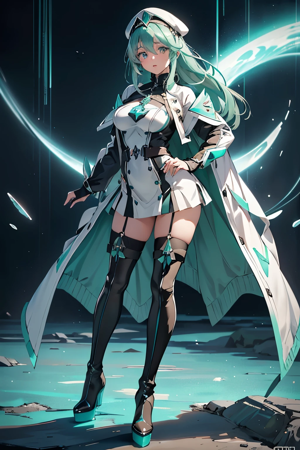 Anime, Girl, (((1girl))), (((Waifu, Xenoblade Chronicles 2, Pneuma Waifu))), Techwear, (((Seafoam Green Hair, Long Hair))), ((Seafoam Green Eyes eyes:1.3, Upturned Eyes: 1, Perfect Eyes, Beautiful Detailed Eyes, Gradient eyes: 1, Finely Detailed Beautiful Eyes: 1, Symmetrical Eyes: 1, Big Highlight On Eyes: 1.2)), (((Lustrous Skin: 1.5, Bright Skin: 1.5, Skin Fair, Shiny Skin, Very Shiny Skin, Shiny Body, Plastic Glitter Skin, Exaggerated Shiny Skin, Illuminated Skin))), (Detailed Body, (Detailed Face)), Young, Idol Pose, (Best Quality), Techwear, (((Military Uniform, Miliraty Cap, Military Coat, Thigh-high Heeled Boots))), High Resolution, Sharp Focus, Ultra Detailed, Extremely Detailed, Extremely High Quality Artwork, (Realistic, Photorealistic: 1.37), 8k_Wallpaper, (Extremely Detailed CG 8k), (Very Fine 8K CG), ((Hyper Super Ultra Detailed Perfect Piece)), (((Flawlessmasterpiece))), Illustration, Vibrant Colors, (Intricate), High Contrast, Selective Lighting, Double Exposure, HDR (High Dynamic Range), Post-processing, Background Blur