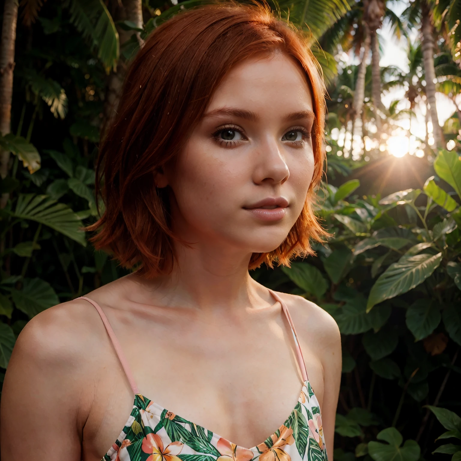 young woman, cool face, very cute short nose, short ginger hair, close up shot, very beautiful, summer pink dress, standing in tropical forest, sunset, peaceful atmosphere, vibrant, colorful