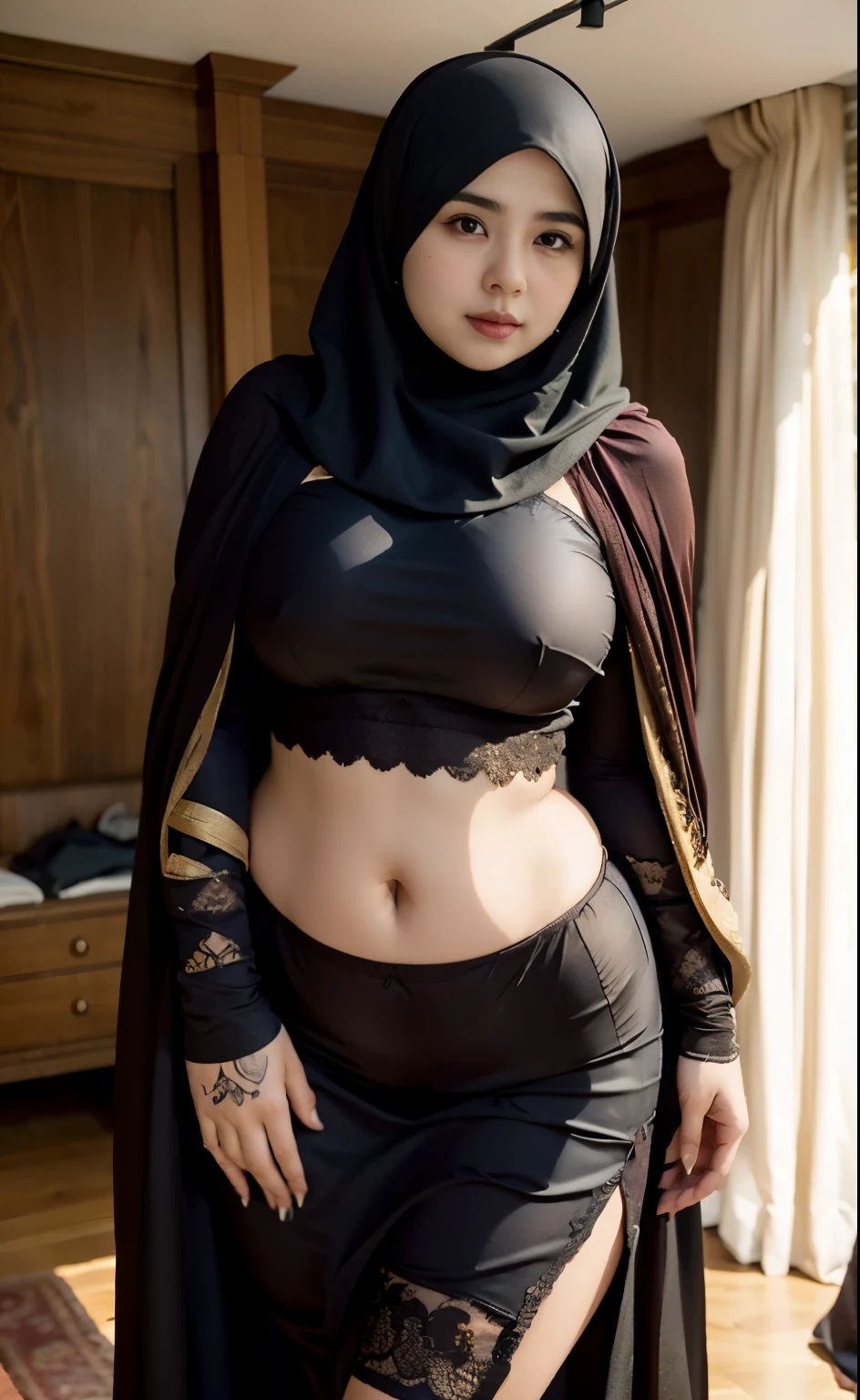 there is a woman posing in a dark room with a maroon long burka clothes , thick body, beautiful thick female, wide hips, thick legs, she has a jiggly fat round belly, thick thighs, curvy hourglass figure, thicc, curvy model, widest hips, hyperrealistic full figure, bbwchan, voluptuous body, thick, tattooed body, tattooed hands, tattooed arm, tattooed in belly, Burka girl, muslim clothes, muslim thight clothes