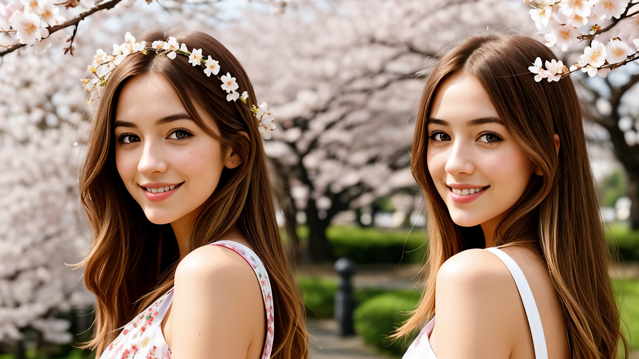 Instagram pictures, a French Girl, Shoulder length hair, with light blonde hair, Close-up photo, Walking in a public garden with cherry blossom, Japan, smiling a little,